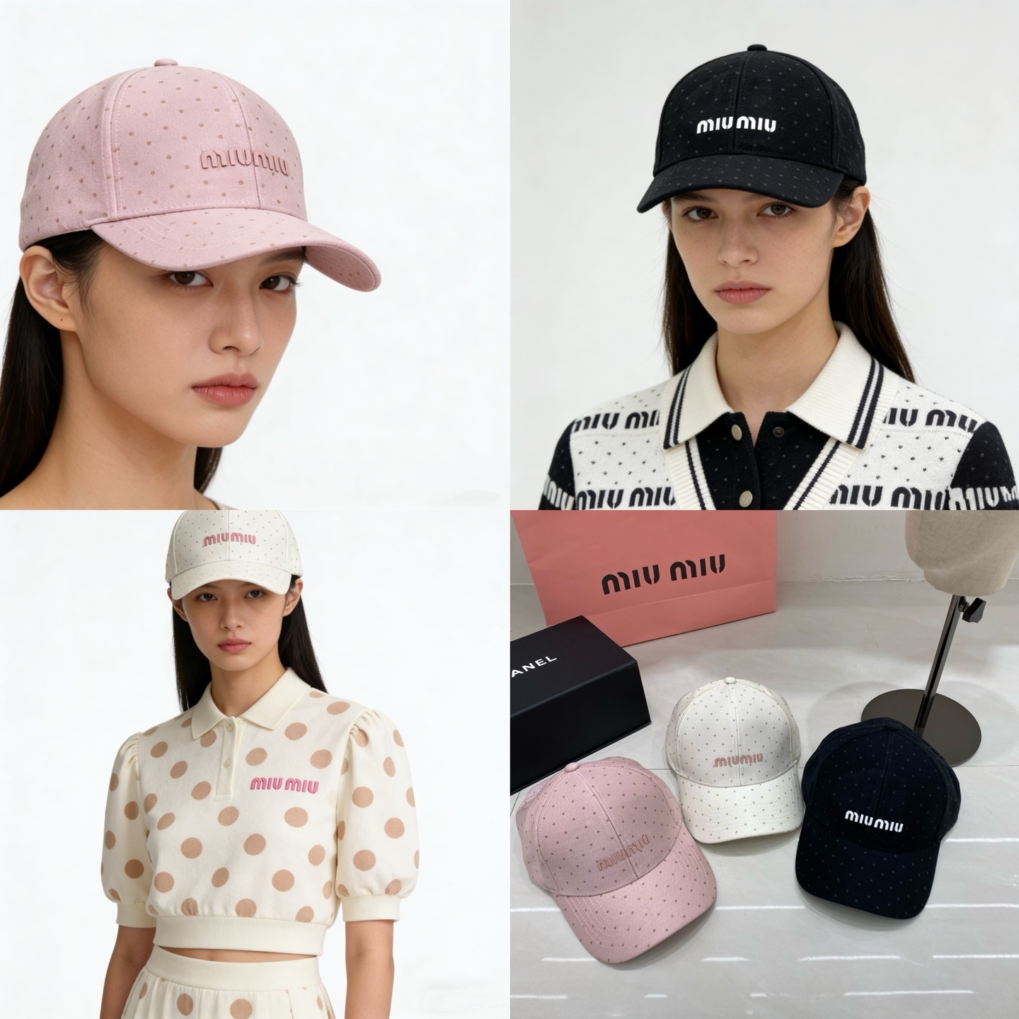 🎀Miu Miu缪缪棒球帽，采用细腻的棉质面料，表面印有同色系波点，兼具复古感与少女感