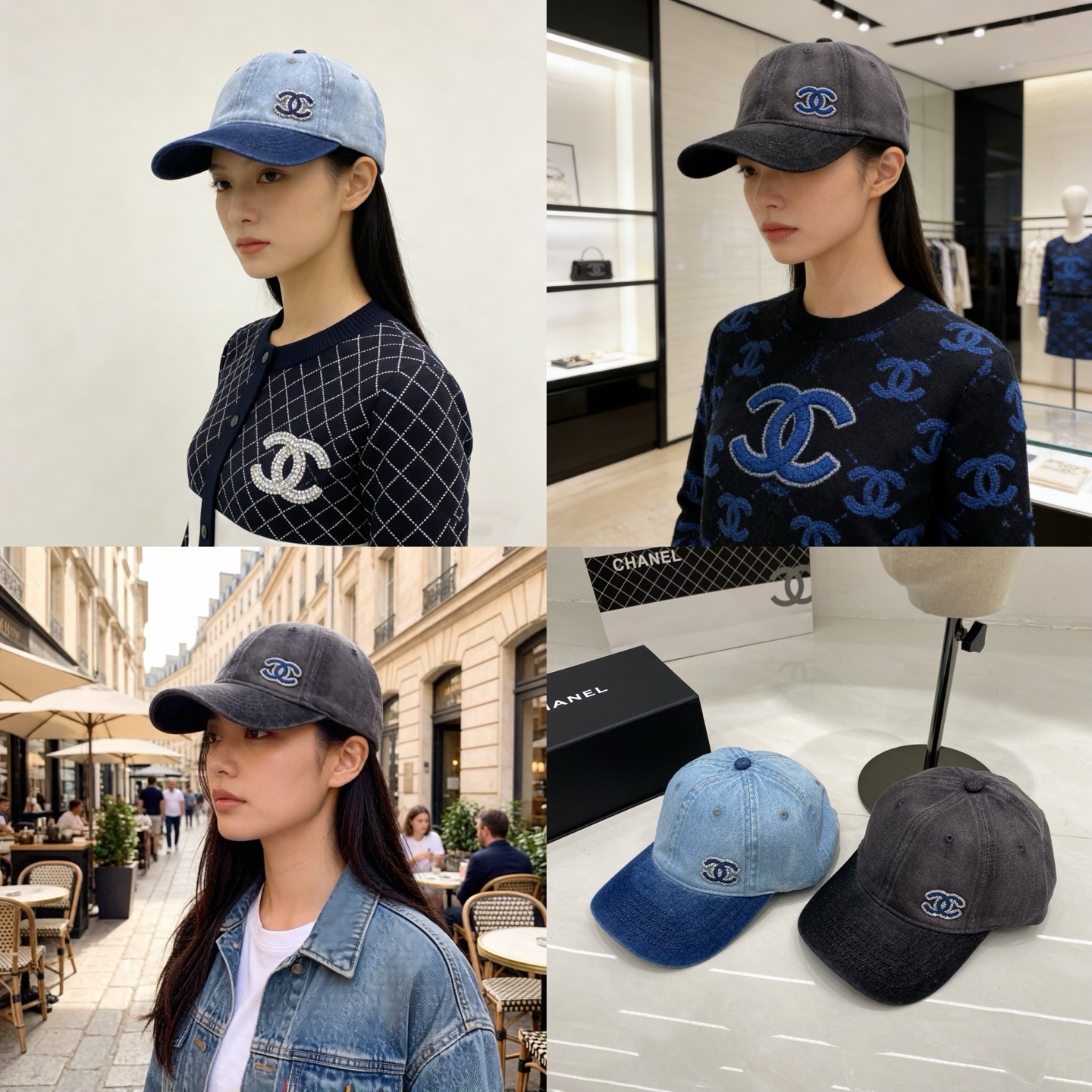 🎀Chanel香奈儿牛仔棒球帽，经典双C logo点缀水钻，水洗蓝与深灰双色可选，轻松拿捏法式休闲感，日