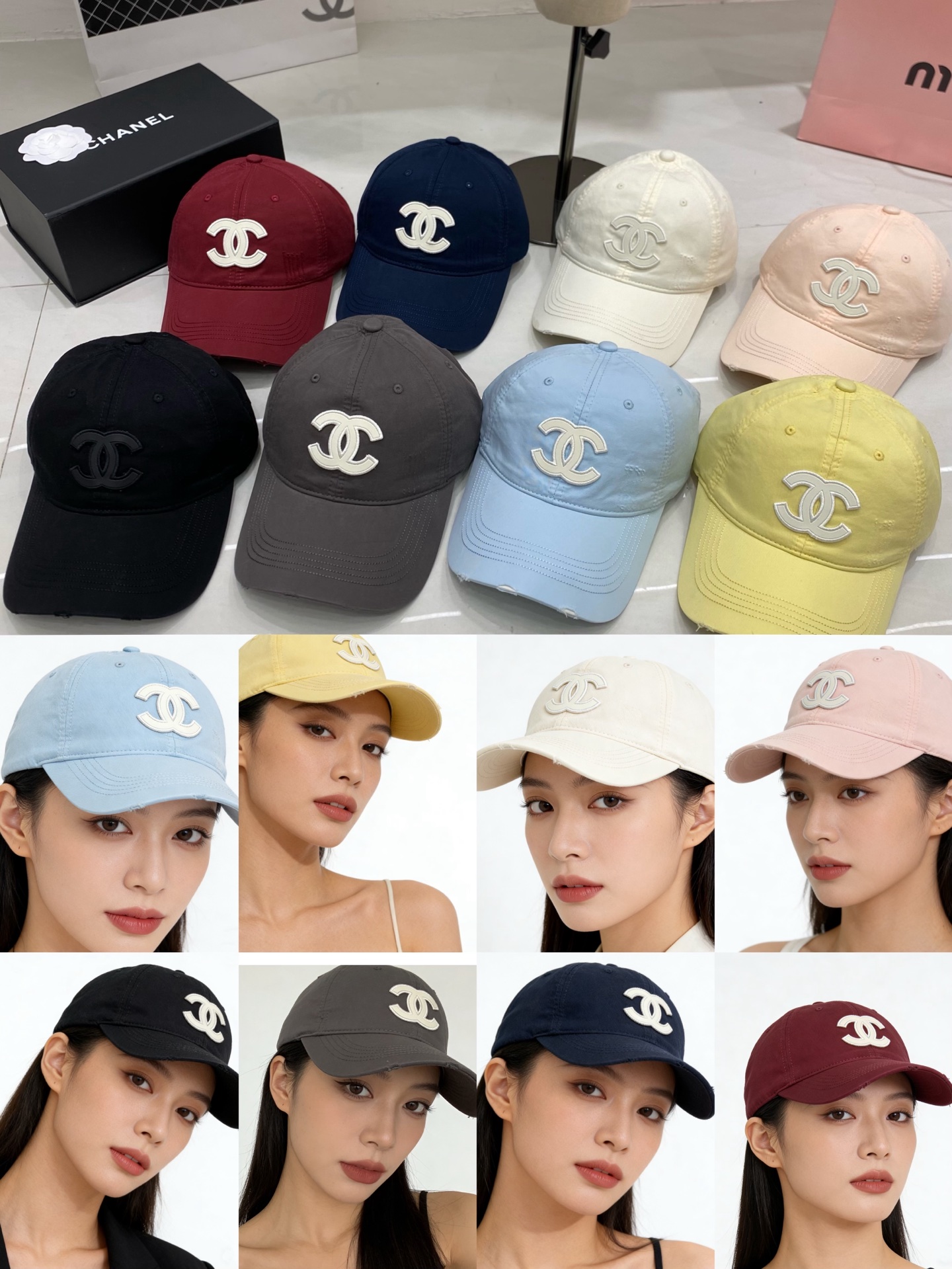 🎀Chanel香奈儿棒球帽，经典双C logo，以做旧磨边设计注入随性气息，黑、藏蓝、灰、浅蓝、粉、黄、
