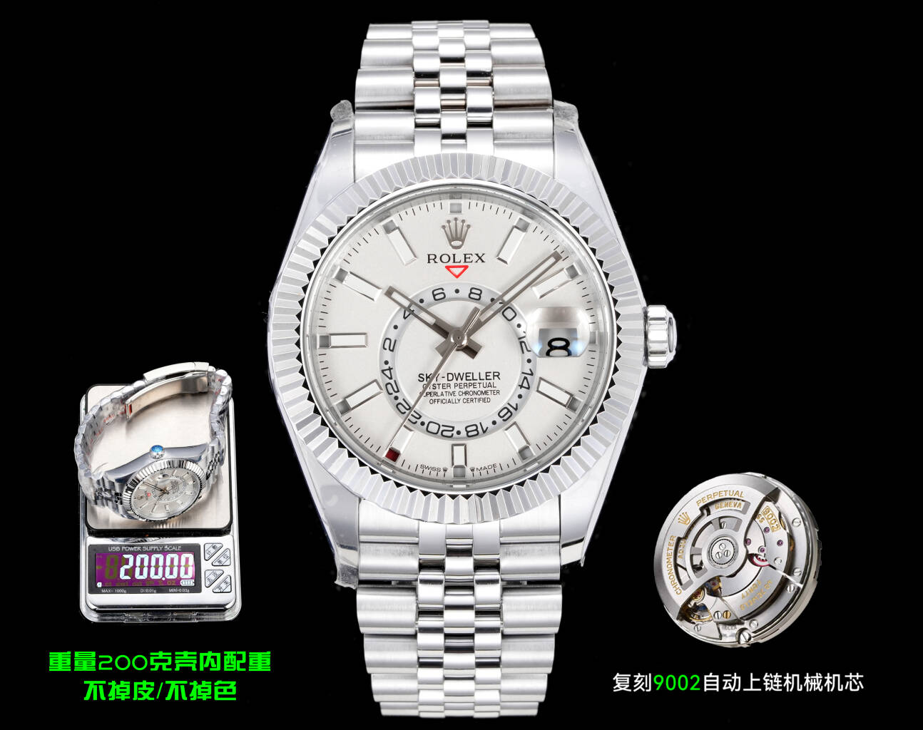 NO:602657,AR+ Factory launches the Rolex Sky-Dweller gram-weighted version. One watch and three straps. Case size 42mm×14.5mm. Bezel: Adopts Rolex Ring Command triangular groove pattern. Rotating outer ring can adjust the month function. Anti-scratch sapphire crystal. Anti-reflective convex type magnified calendar window. Strap: 316L Oyster three-bead and five-bead bracelets, Oyster discount with 5mm easy-adjustable link extension system. Dial: enamel grinding with sunray texture, scale 12-hour window with red dot month display. Movement: Equipped with fully automatic mechanical 9002 movement. AR+ Factory provides you with the richest and most diverse wearing experience for a pilot, rolex.19860909AR+ Factory 重磅推出 劳力士Rolex Sky-Dweller 纵航者型 克配重版.一表三带 表壳尺寸42mm×14.5mm 表圈: 采用劳力士Ring Command三角坑纹,旋转外圈可调转月份功能;抗刮损蓝宝石水晶,防反光凸透式放大日历窗 表带: 316L蚝式三珠及五珠链带,蚝式摺扣配5毫米易调链节伸展系统 表盘: 搪瓷研磨放射太阳纹理,刻度12小时窗口红点月份显示 机芯: 搭载全自动机械9002机芯 AR+ Factory 为您提供最为丰富多样的纵航者佩戴体验,,rolex,Watch