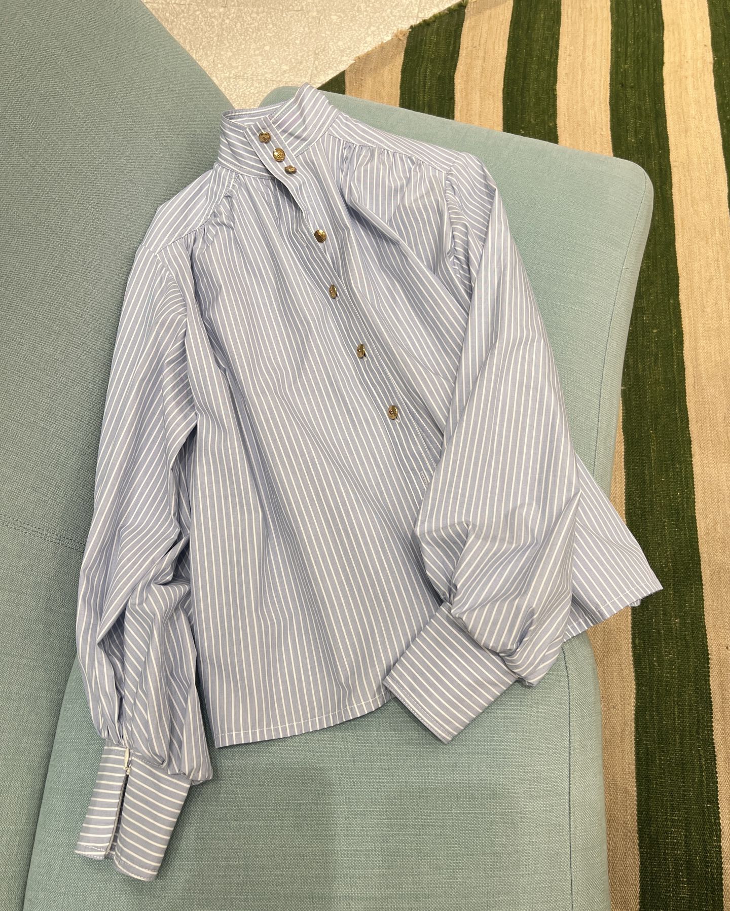 Striped Cotton Lantern Sleeve Blouse - Elegant High Neck Top 5 i1759992492838 1850 0 3