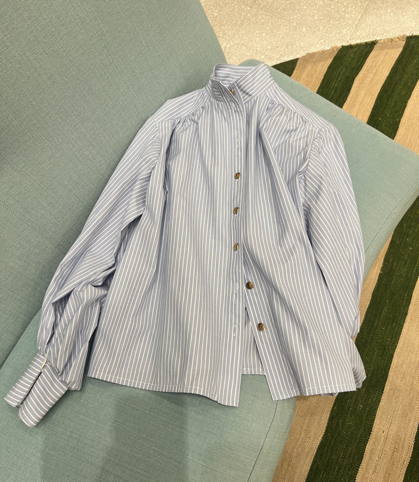 Striped Cotton Lantern Sleeve Blouse - Elegant High Neck Top 4 i1759992492975 8134 0 2