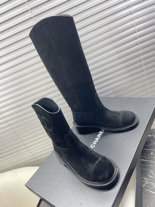 Chanel Women's Black Suede High Riding Boots with CC Logo Embroidery 1 Chanel Women's Black Suede High Riding Boots with CC Logo Embroidery