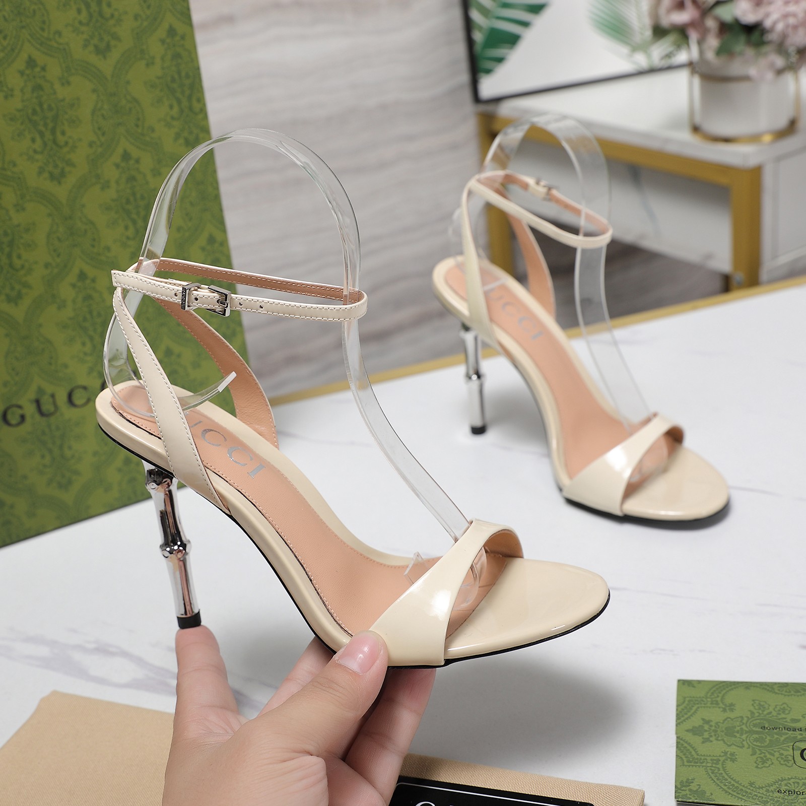 Gucci Women's Bamboo Heel Ankle Strap Sandals Patent Leather Beige 2 a1744565248111 7367