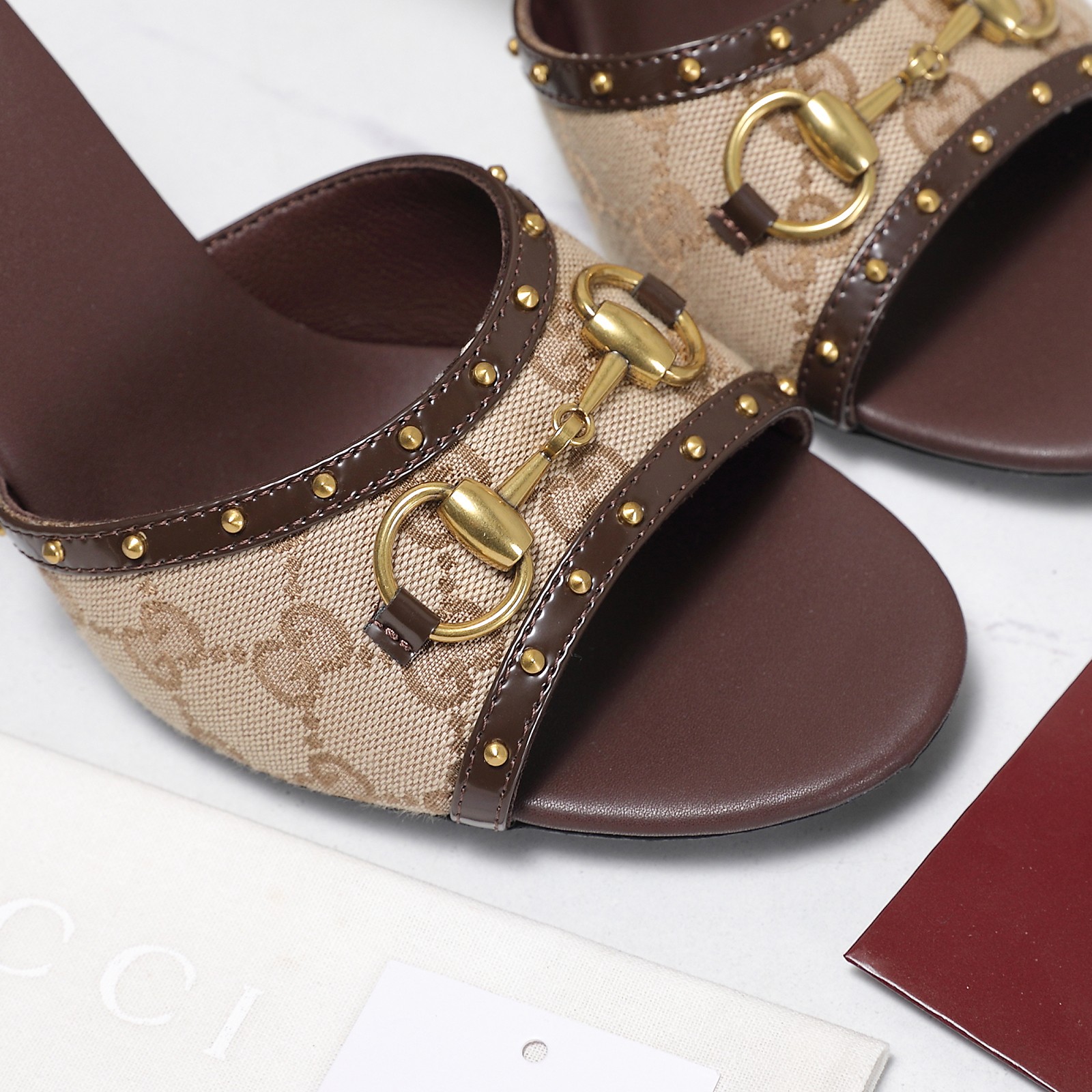Gucci Canvas Horsebit Stud High Heel Slide Sandals