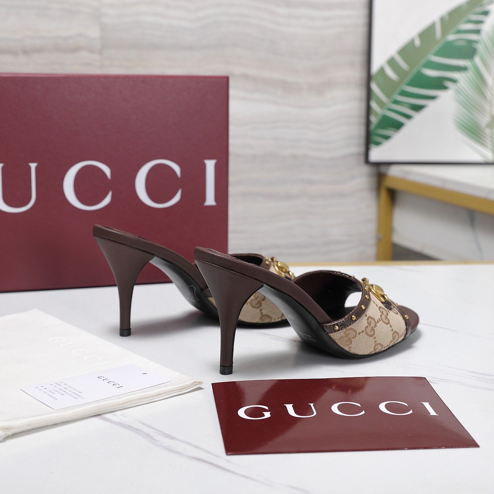 Gucci Canvas Horsebit Stud High Heel Slide Sandals