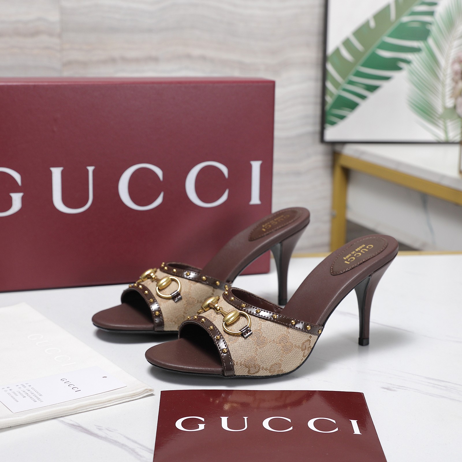 Gucci Canvas Horsebit Stud High Heel Slide Sandals