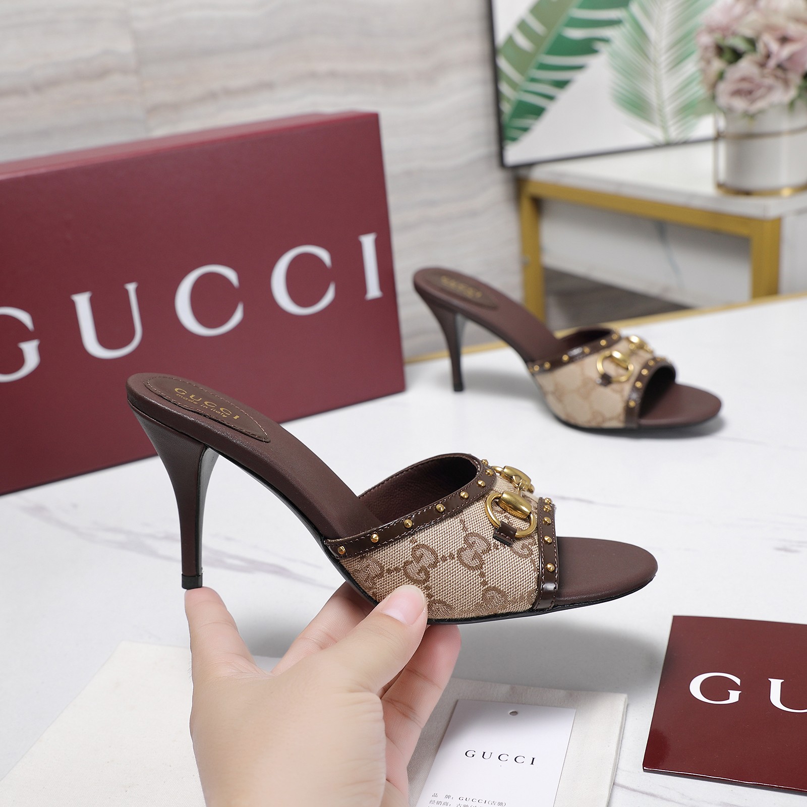 Gucci Canvas Horsebit Stud High Heel Slide Sandals