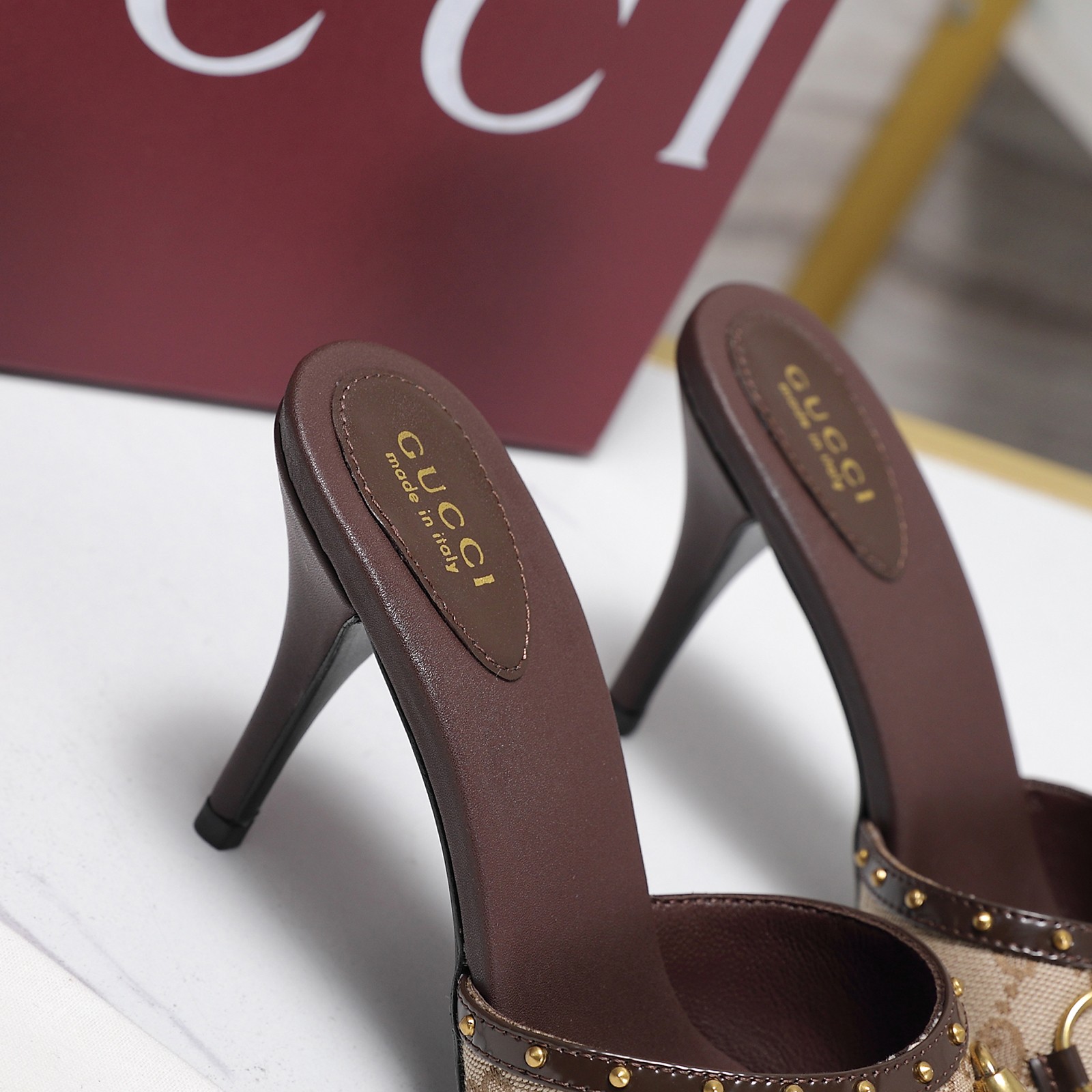 Gucci Canvas Horsebit Stud High Heel Slide Sandals