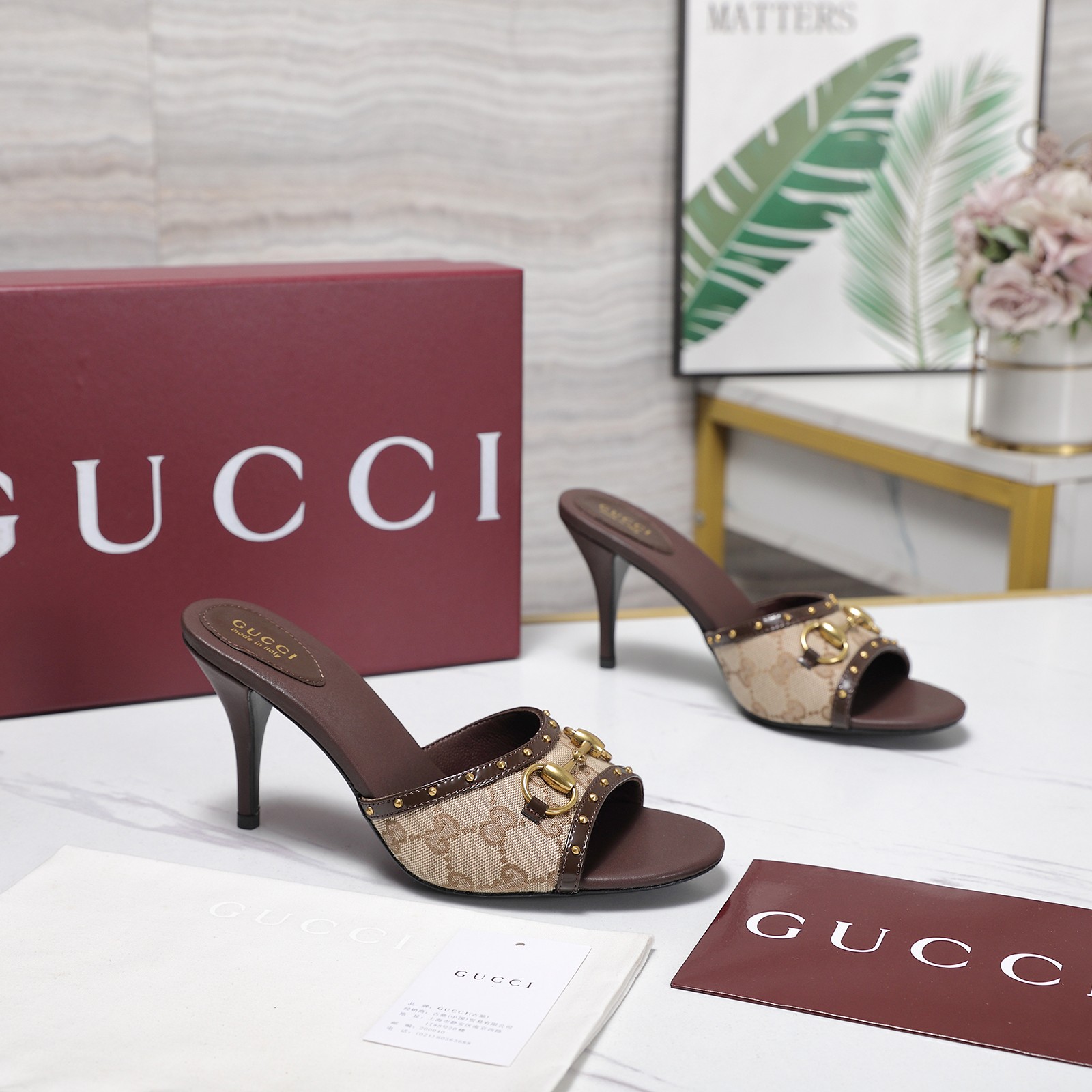 Gucci Canvas Horsebit Stud High Heel Slide Sandals