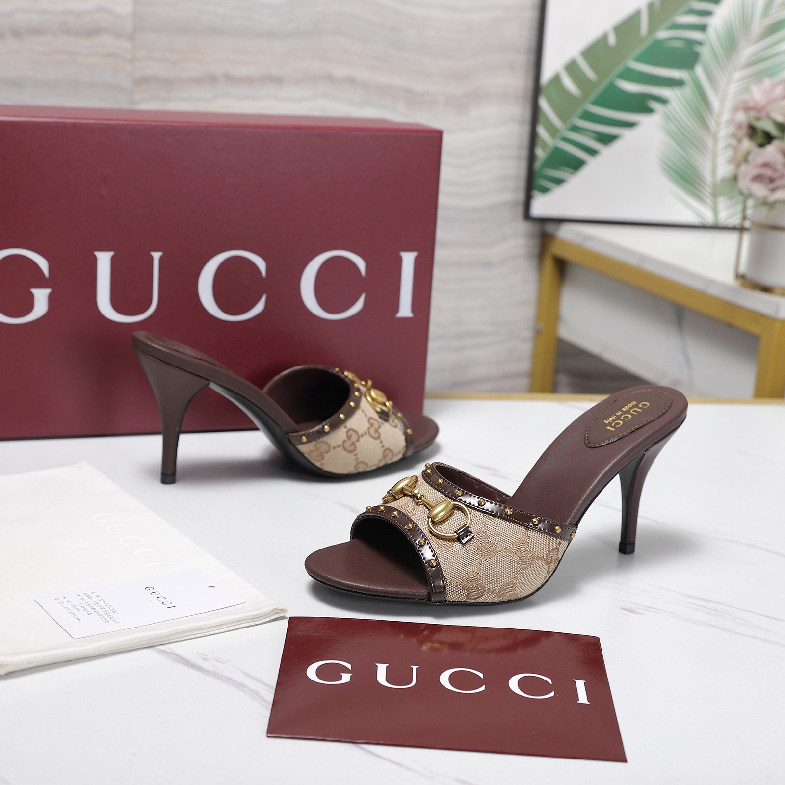 Gucci Canvas Horsebit Stud High Heel Slide Sandals