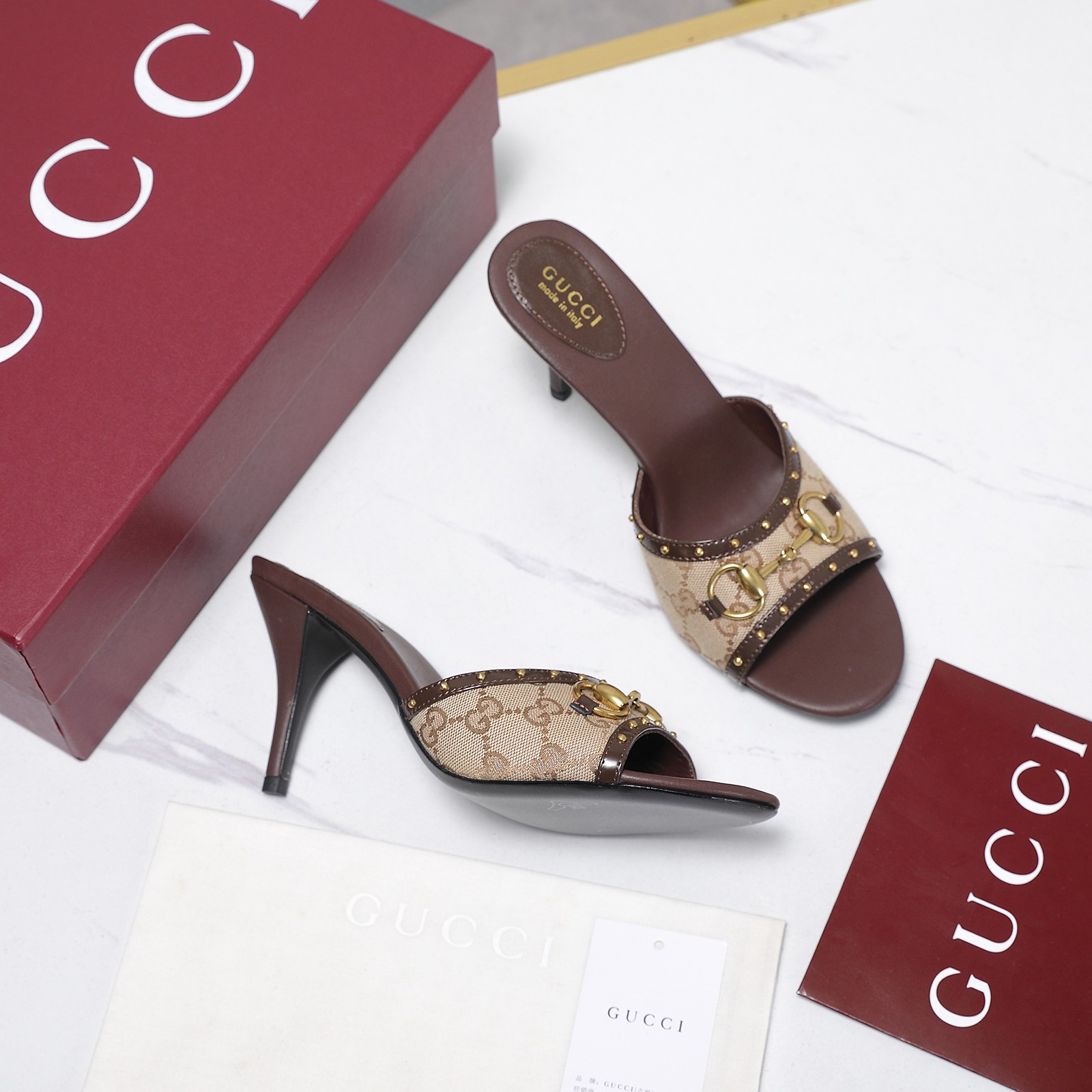 Gucci Canvas Horsebit Stud High Heel Slide Sandals