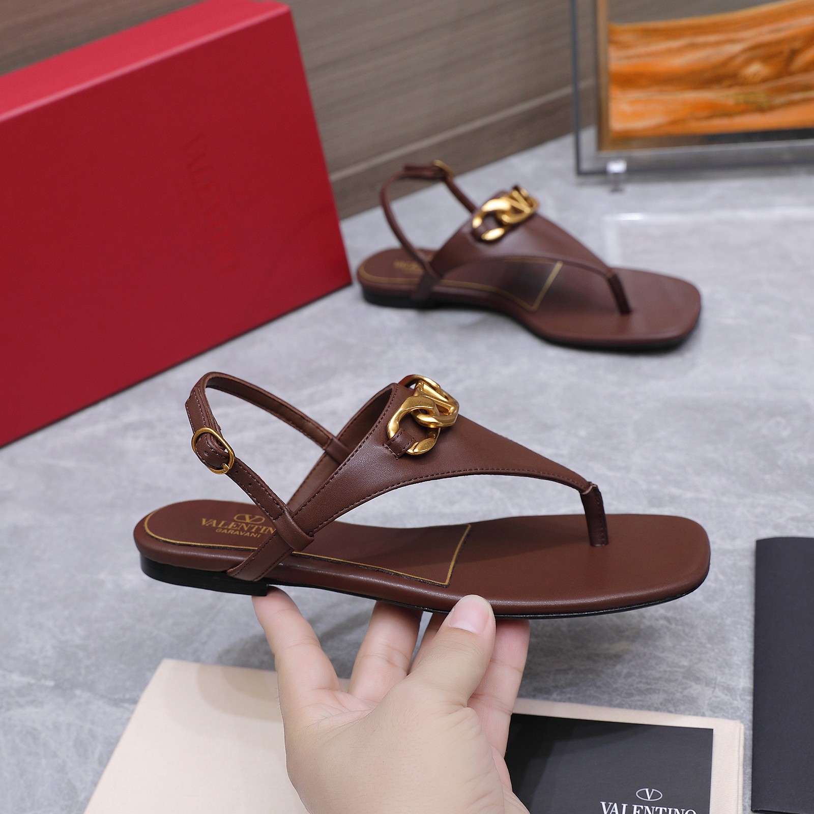 Valentino VLogo Brown Thong Sandals