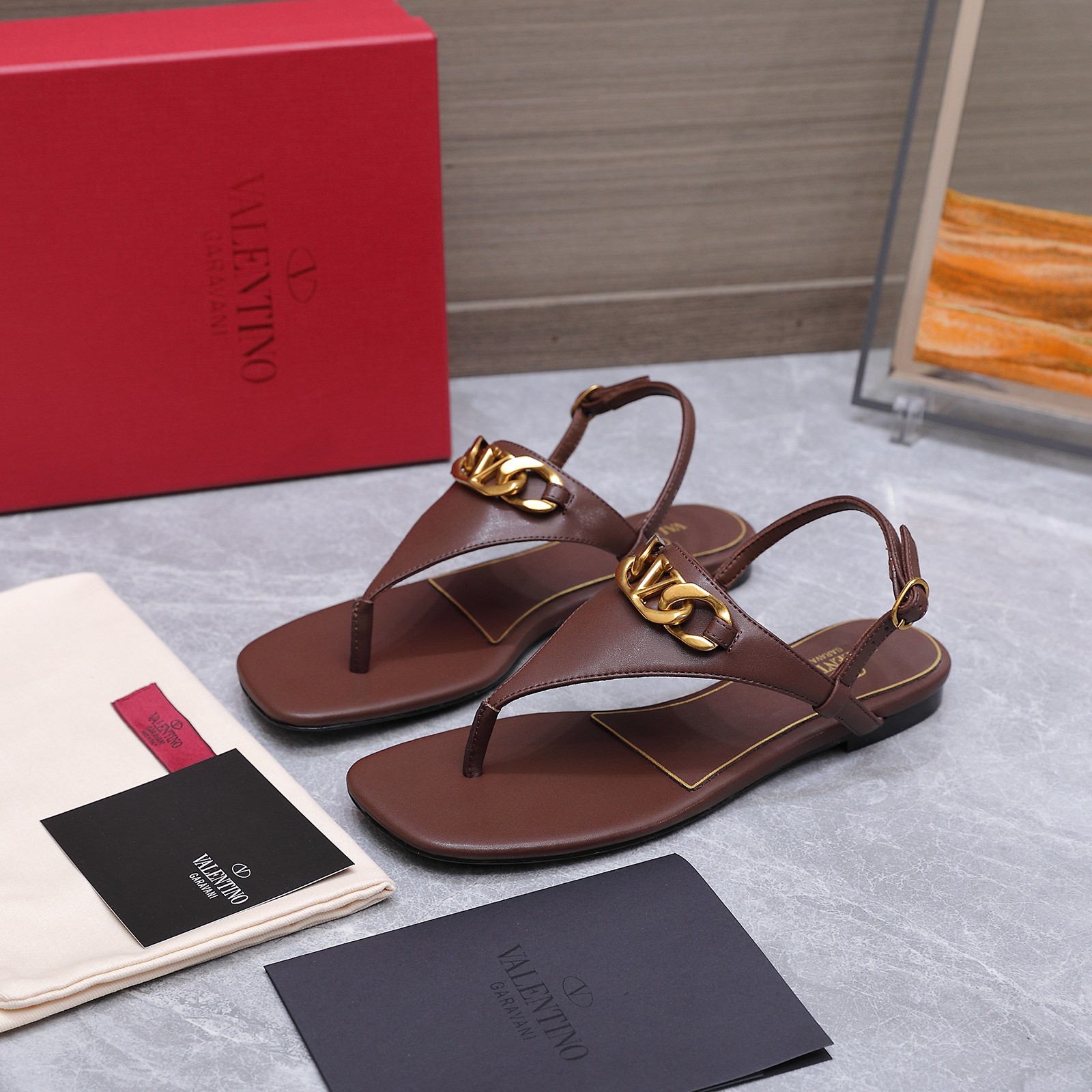 Valentino VLogo Brown Thong Sandals