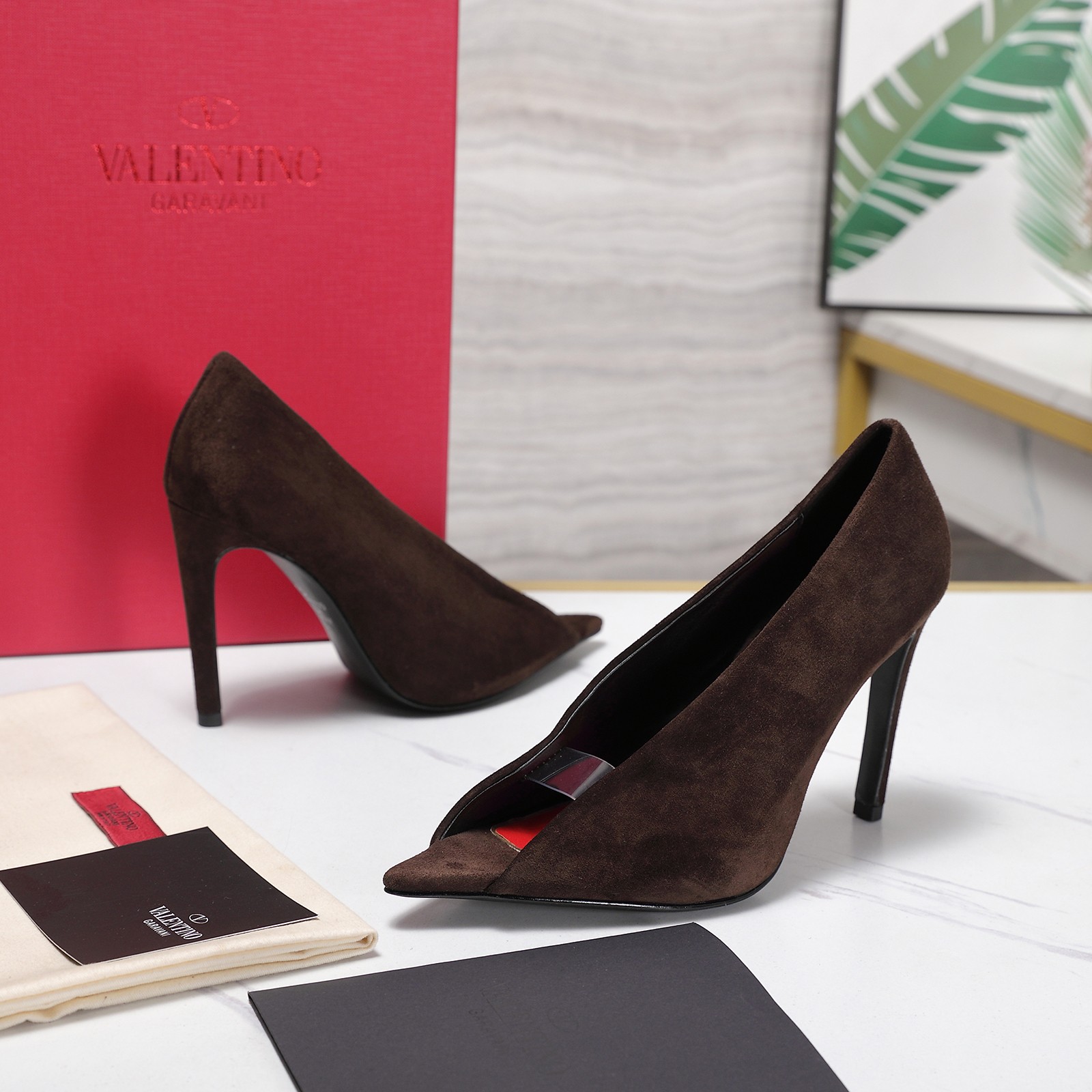 Valentino Brown V-cut Suede Pumps