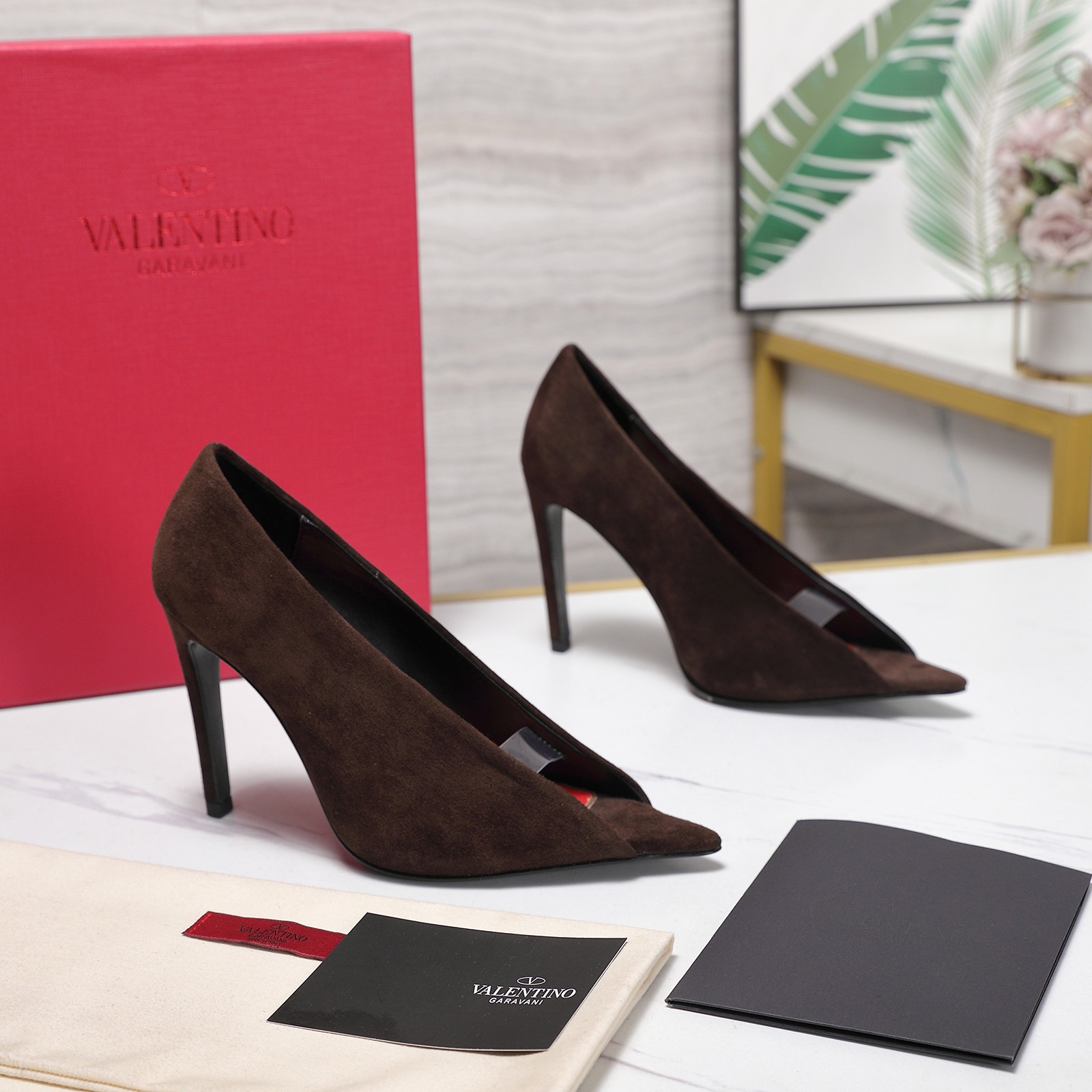 Valentino Brown V-cut Suede Pumps