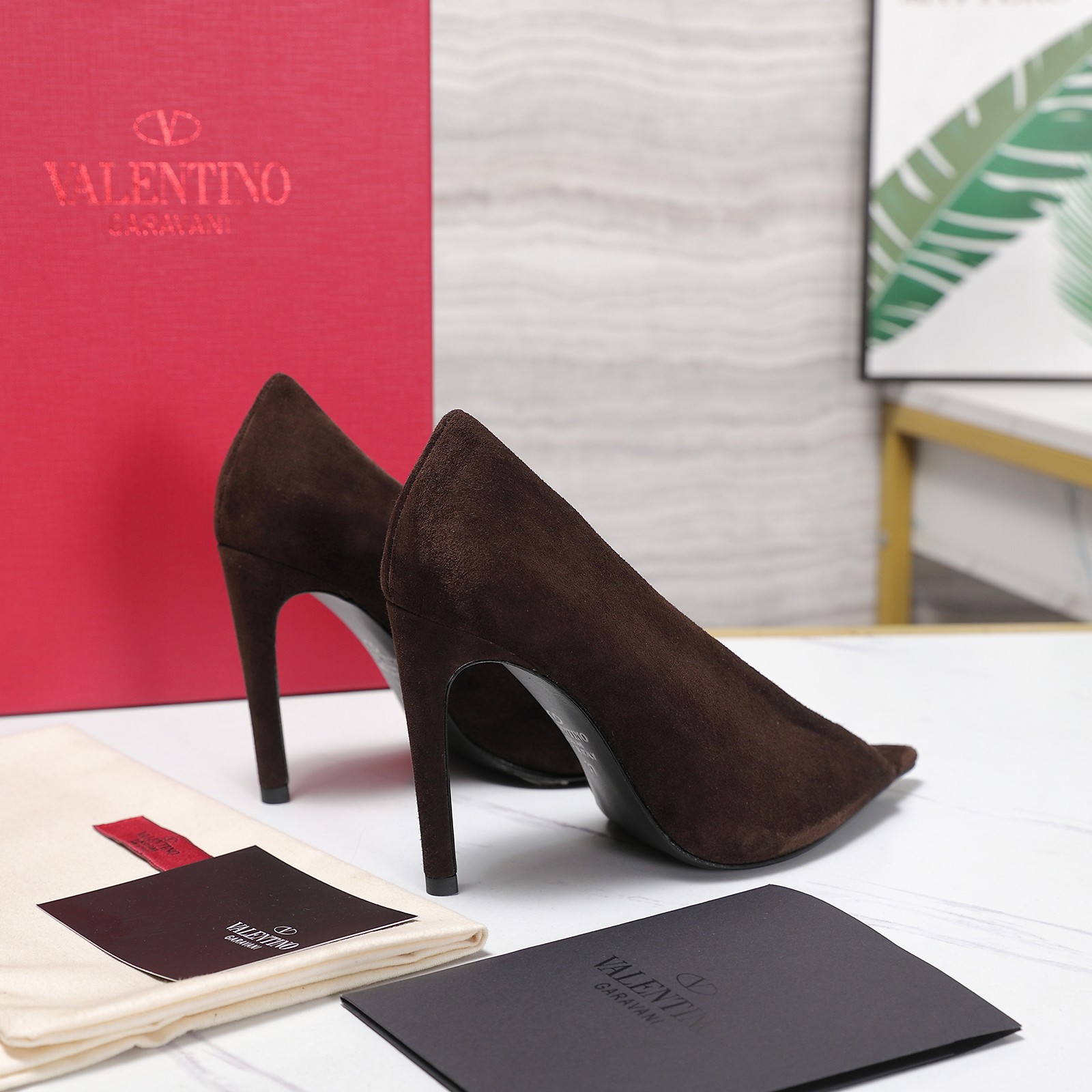 Valentino Brown V-cut Suede Pumps