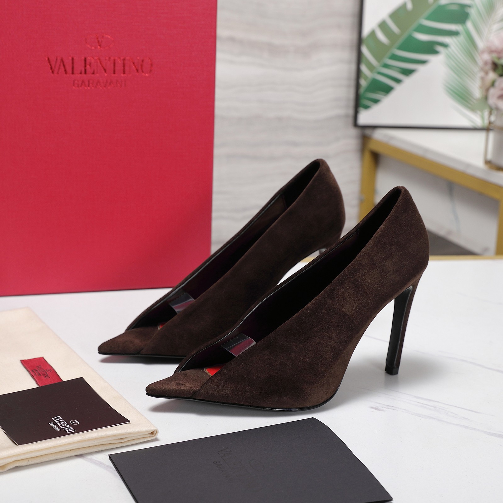 Valentino Brown V-cut Suede Pumps