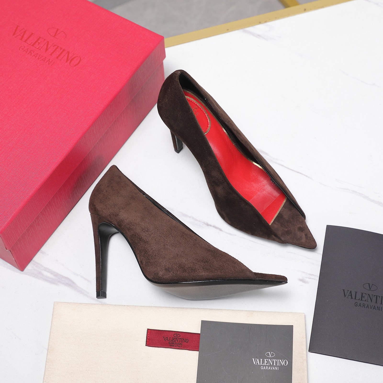 Valentino Brown V-cut Suede Pumps