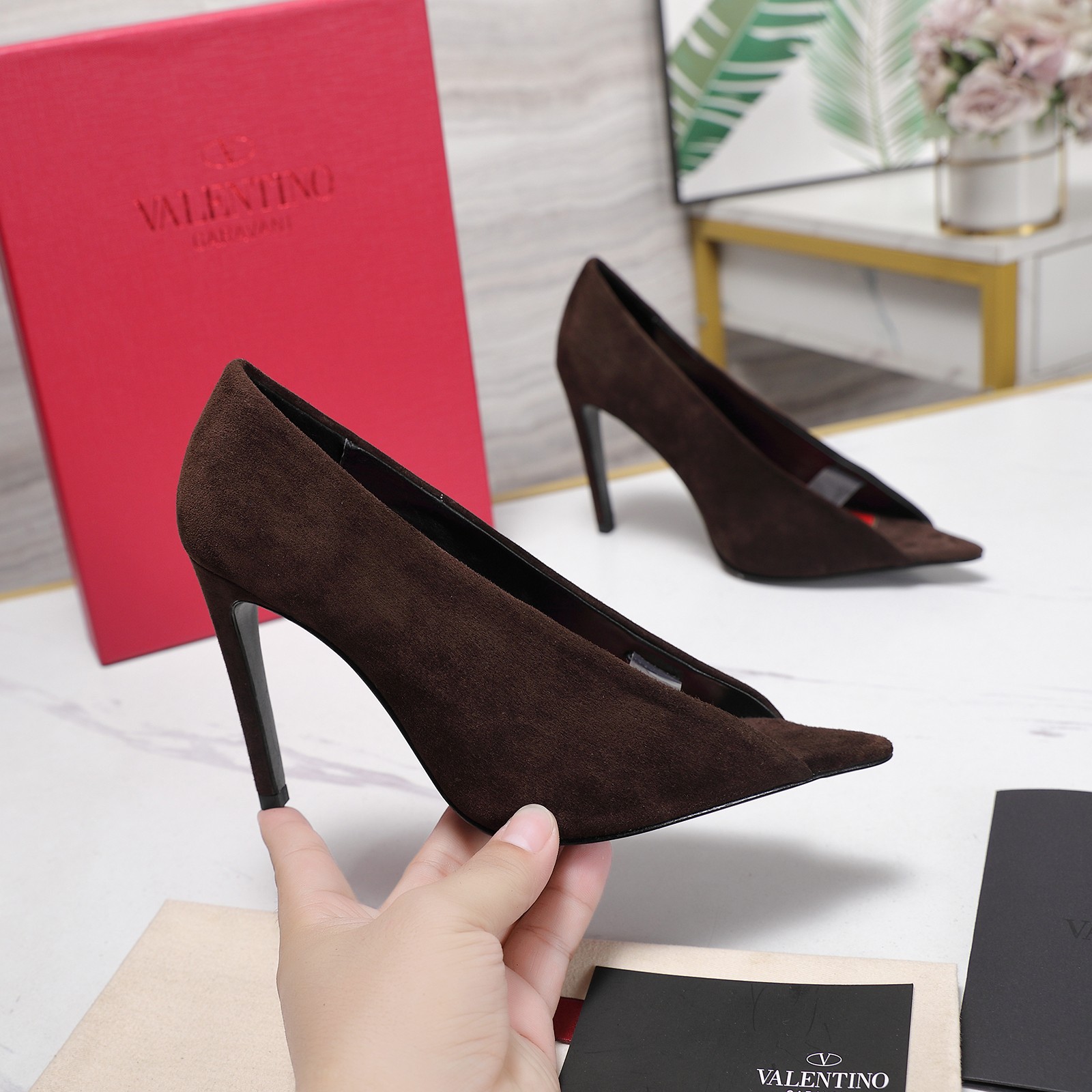 Valentino Brown V-cut Suede Pumps
