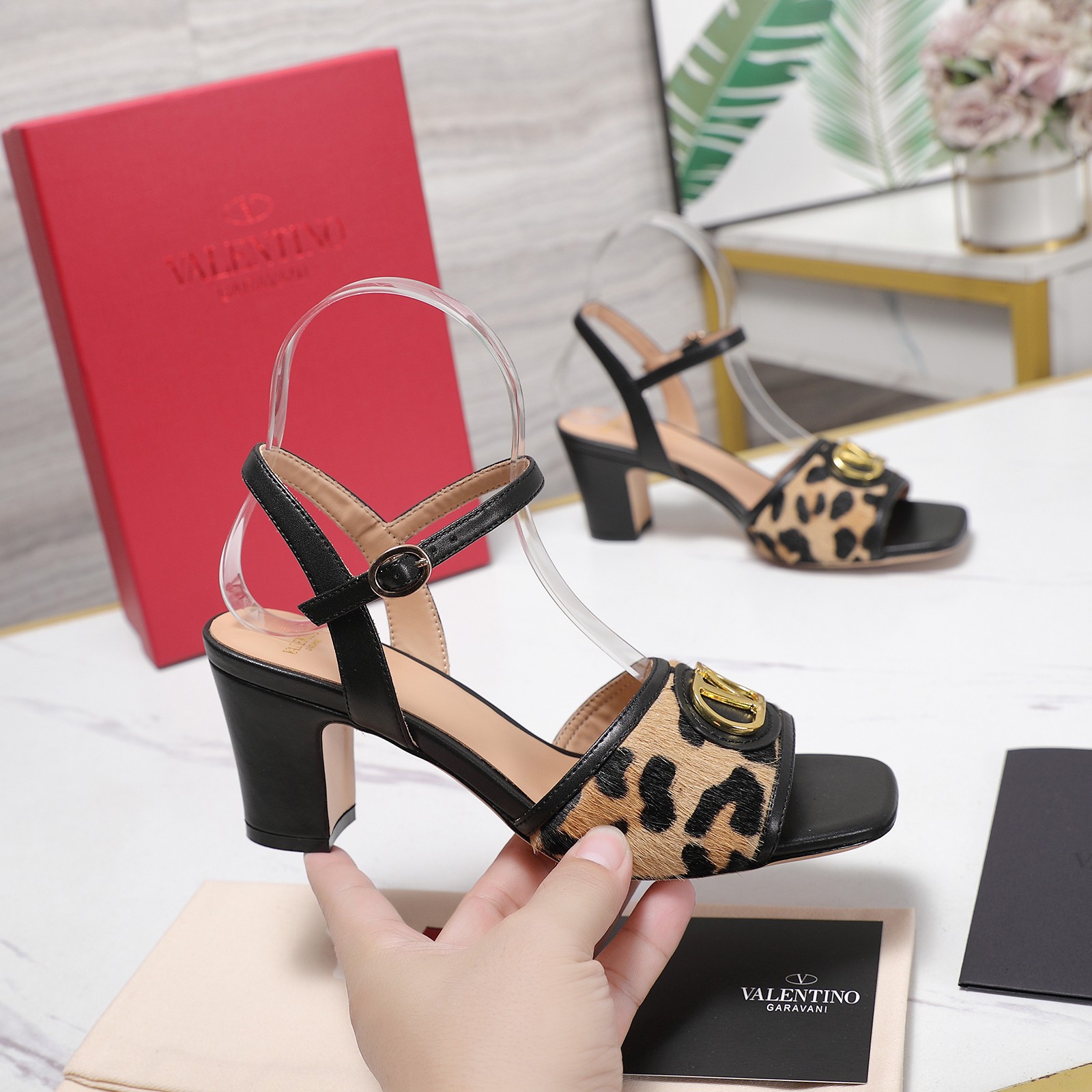 Valentino VLogo Leopard Block Heel Sandals