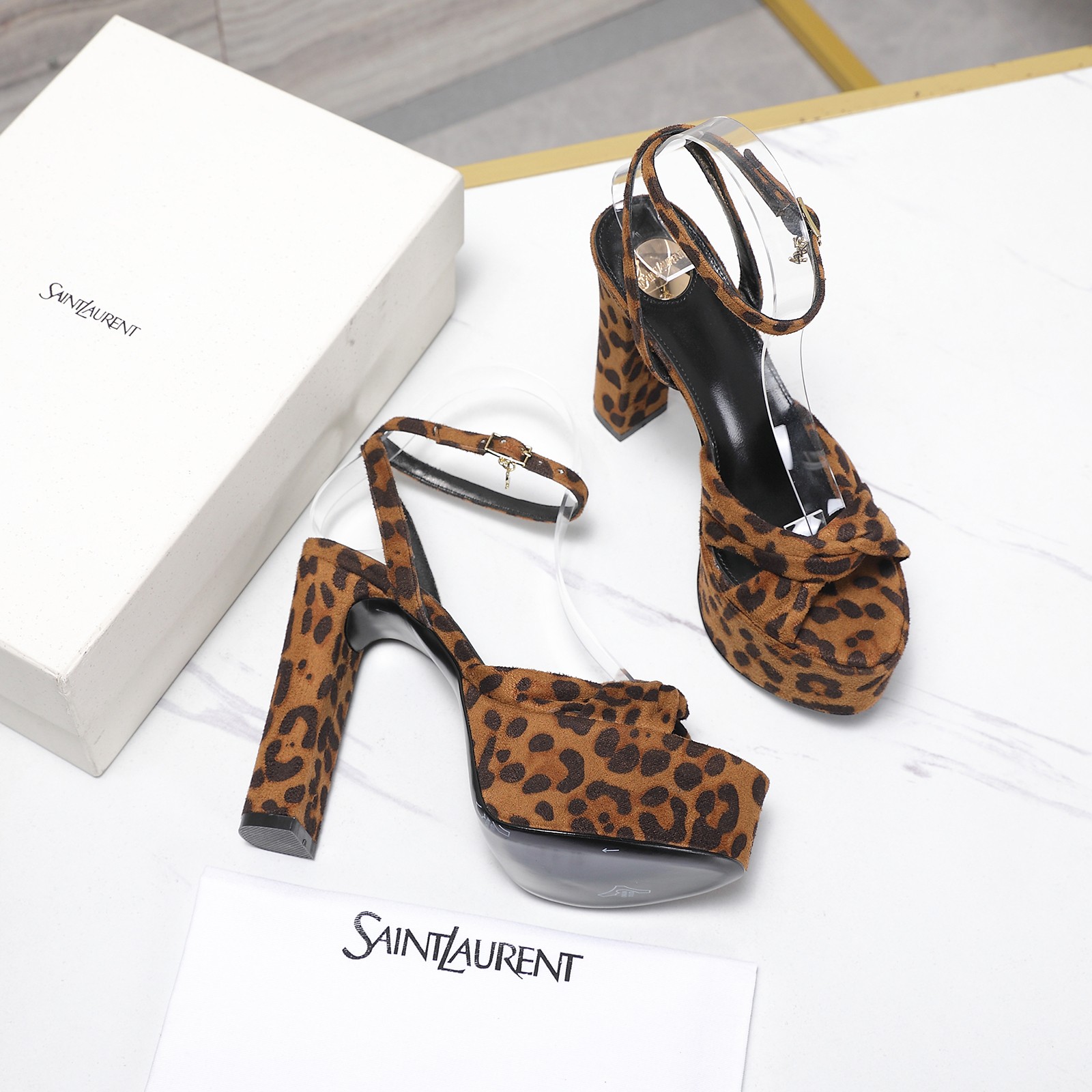 YSL Leopard Twist Platform Sandals
