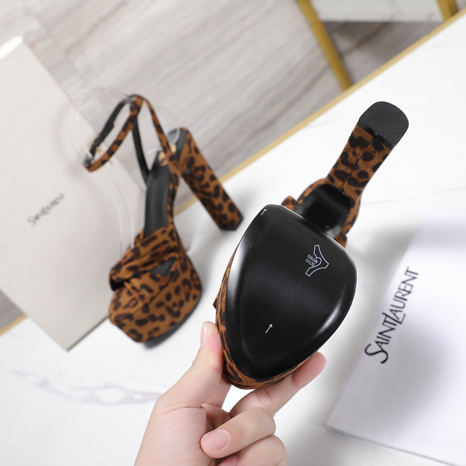 YSL Leopard Twist Platform Sandals