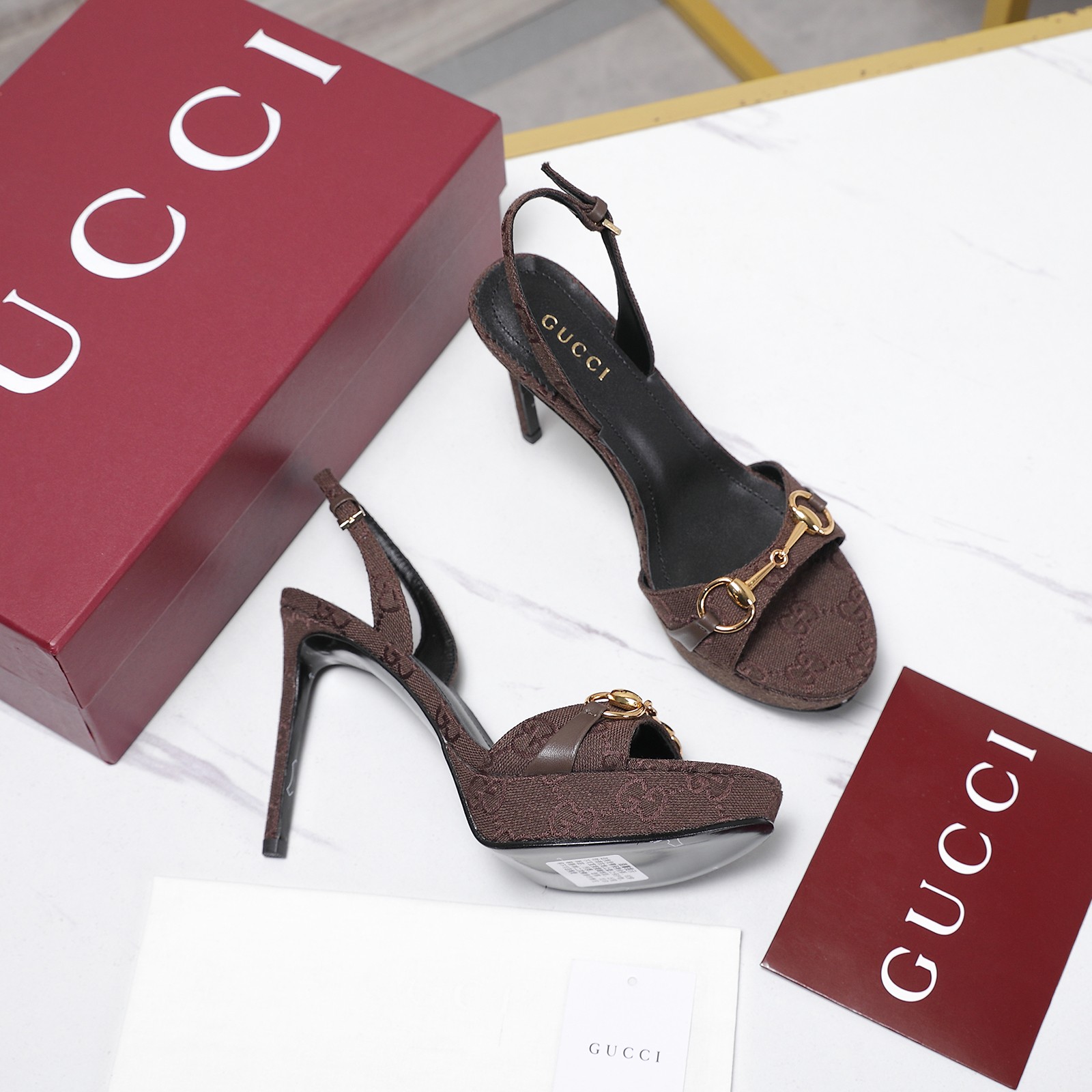 Gucci Brown GG Horsebit Platform Slingback Sandals