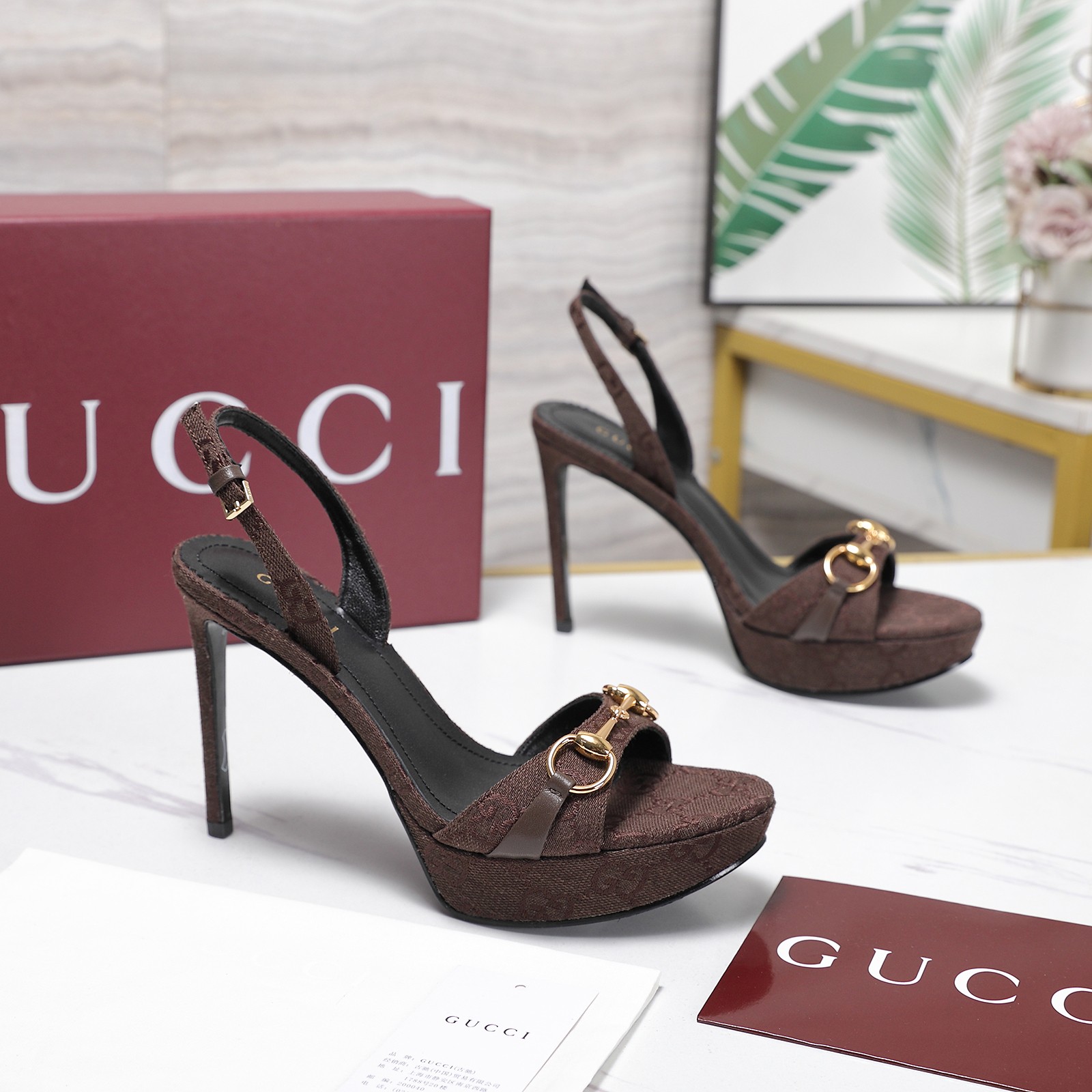 Gucci Brown GG Horsebit Platform Slingback Sandals