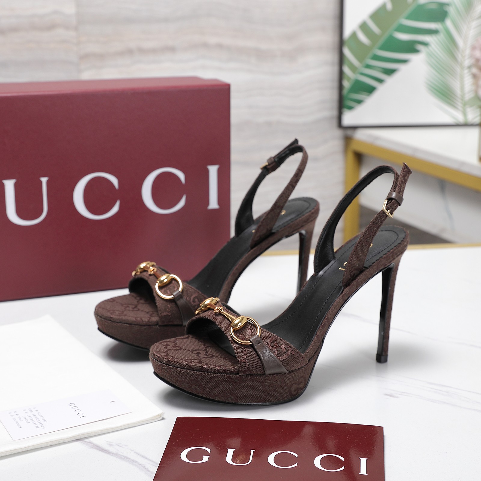 Gucci Brown GG Horsebit Platform Slingback Sandals