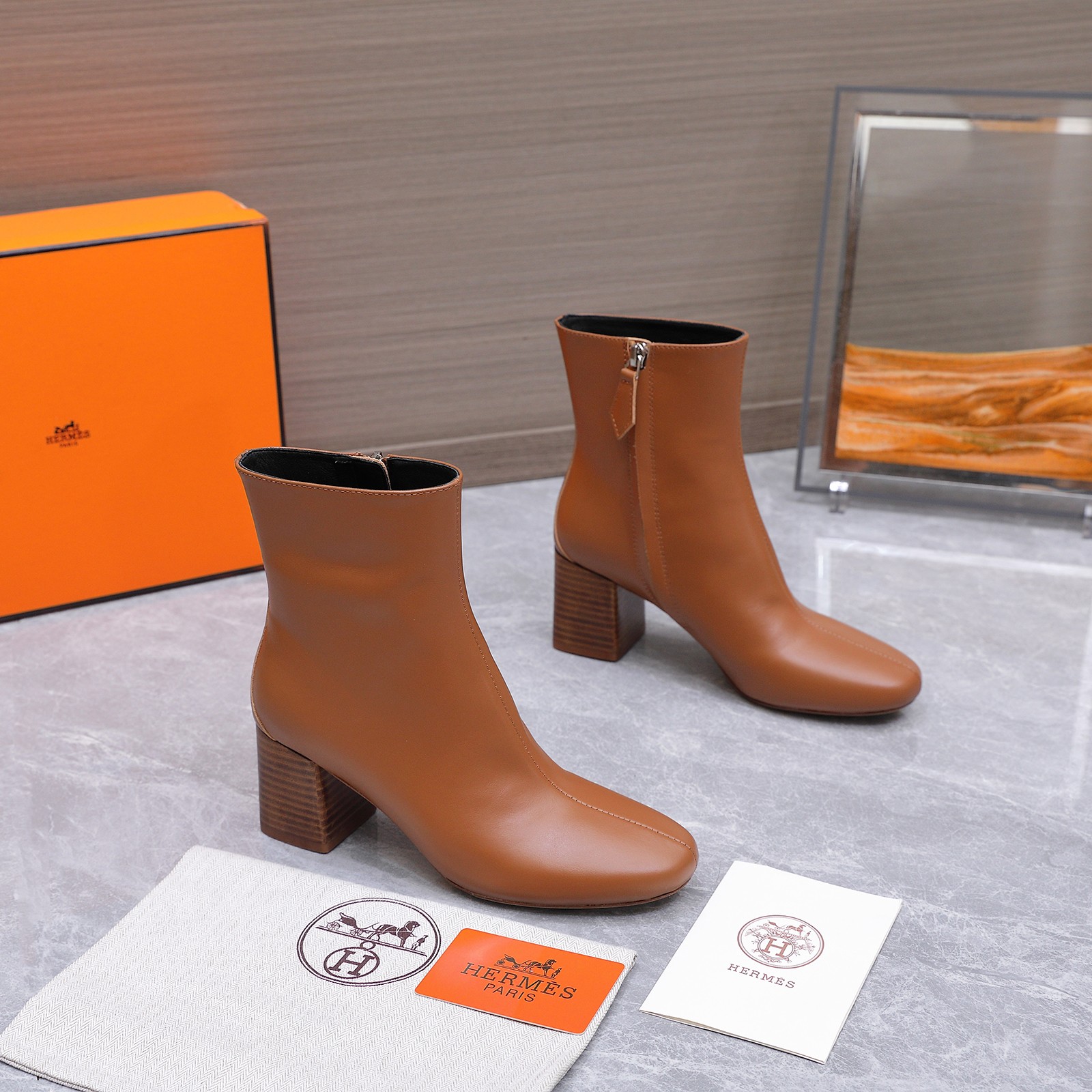 Hermes Tan Block Heel Ankle Boots