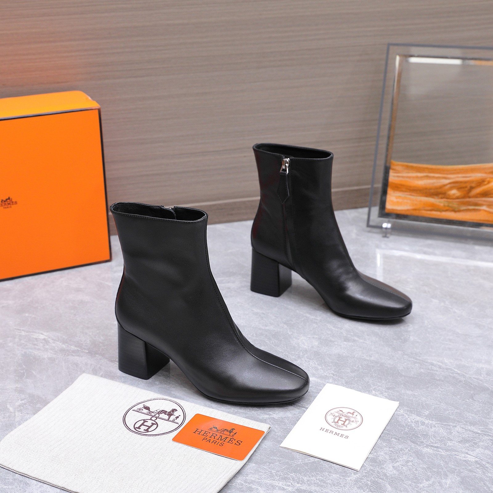 Hermes Black Block Heel Ankle Boots