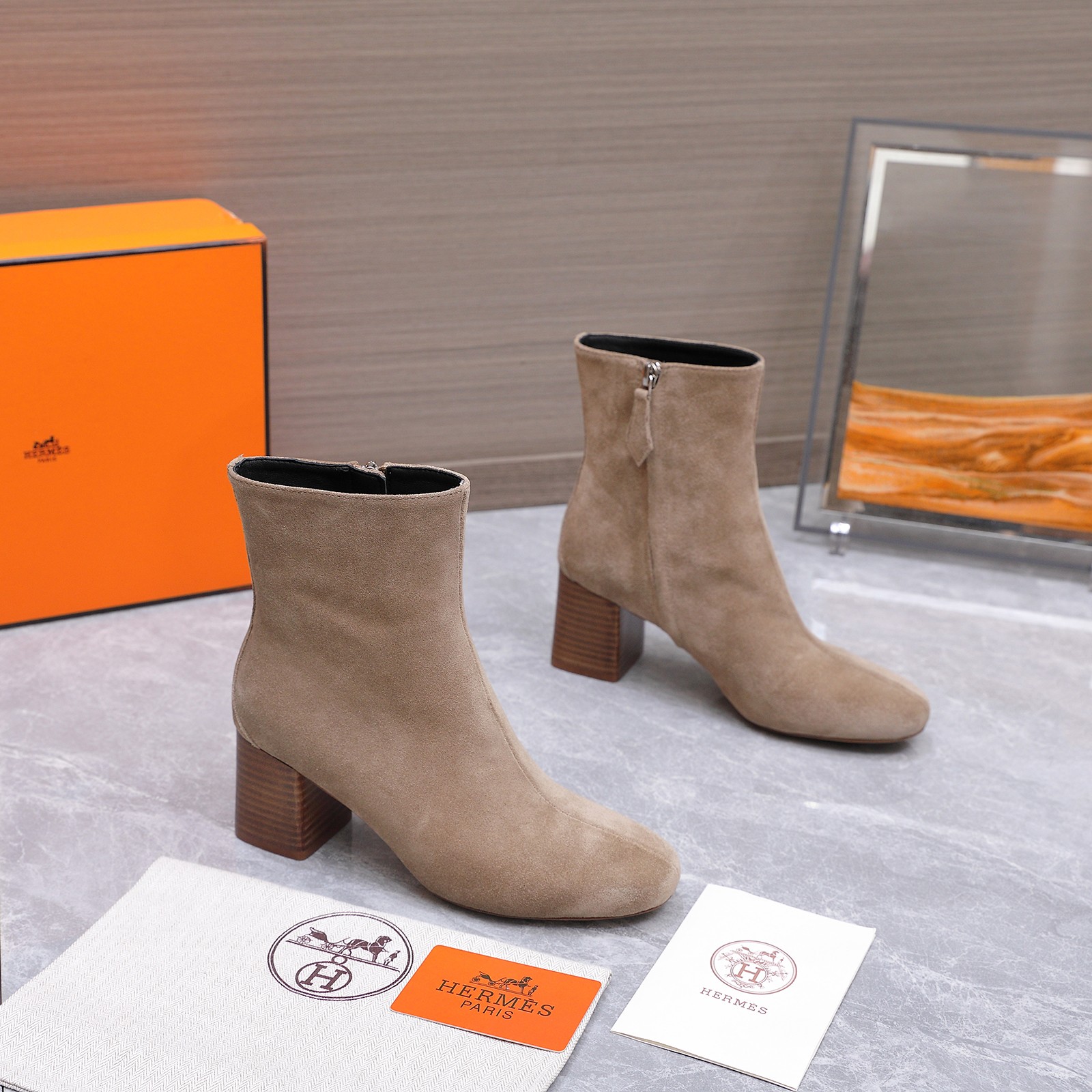 Hermes Taupe Block Heel Ankle Boots