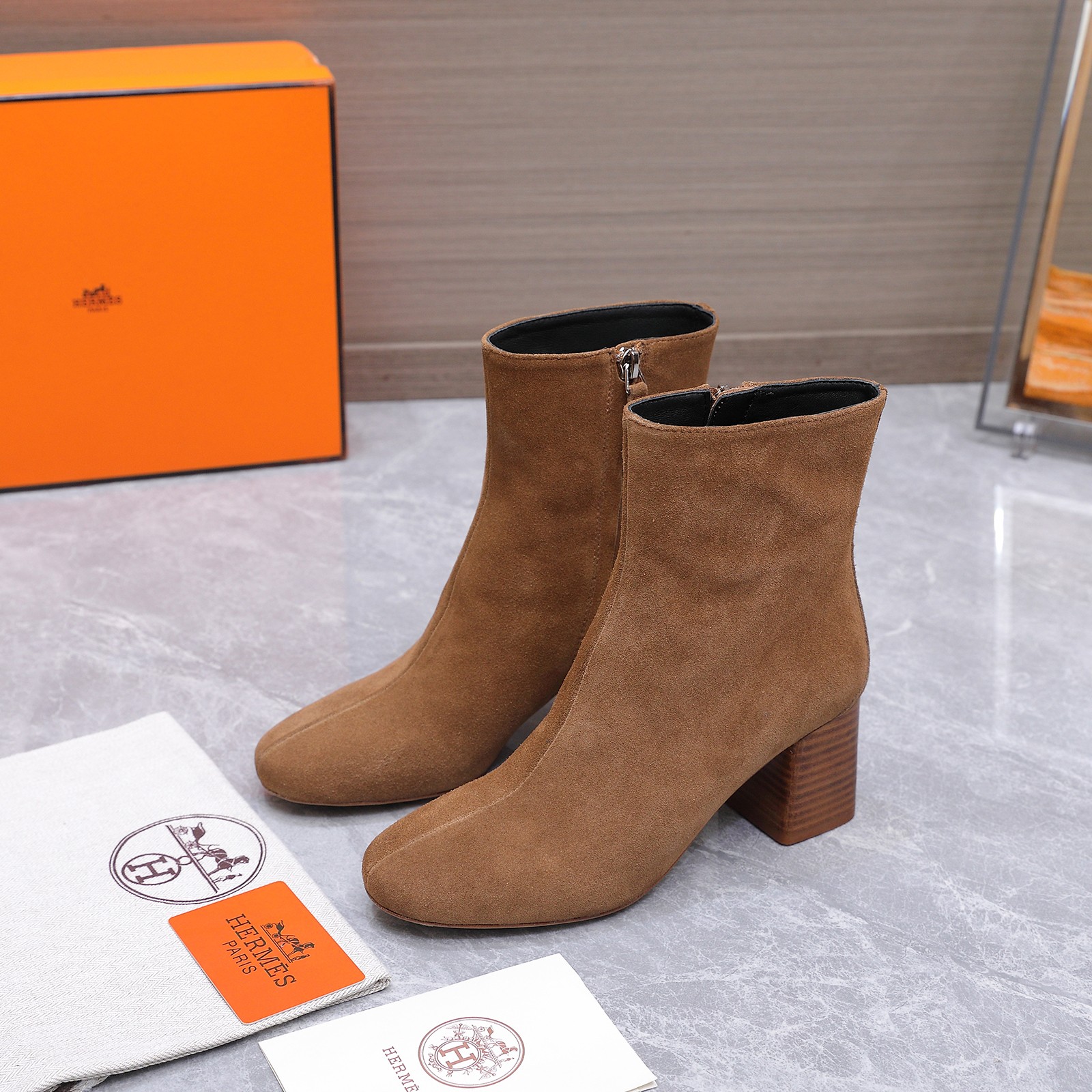 Hermes Tan Block Heel Ankle Boots
