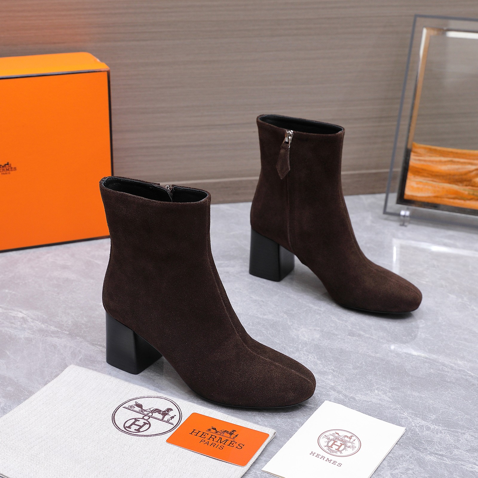 Hermes Brown Block Heel Ankle Boots