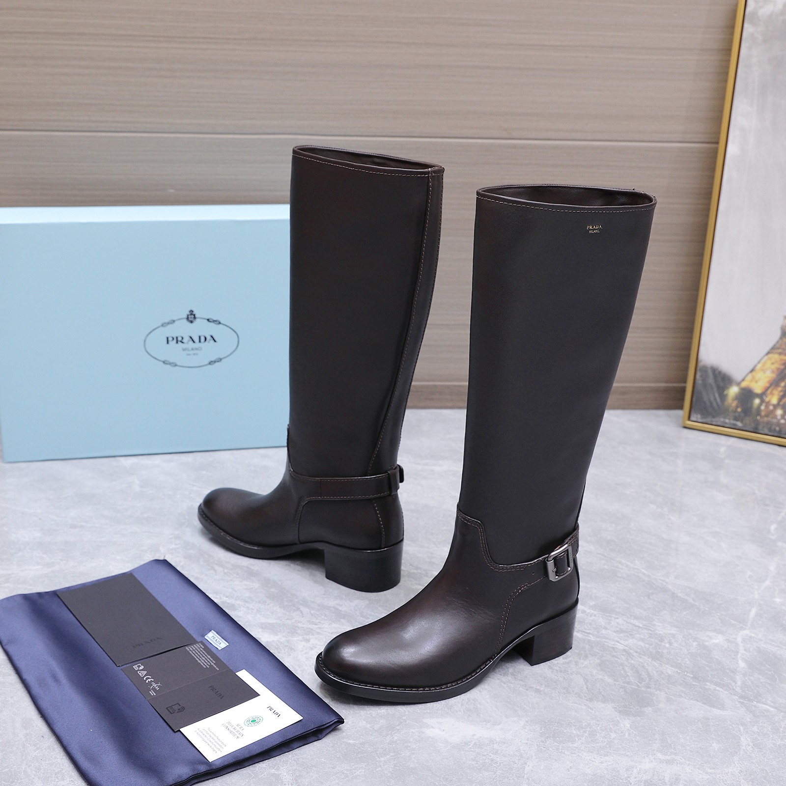 Prada Black Buckle Knee High Boots