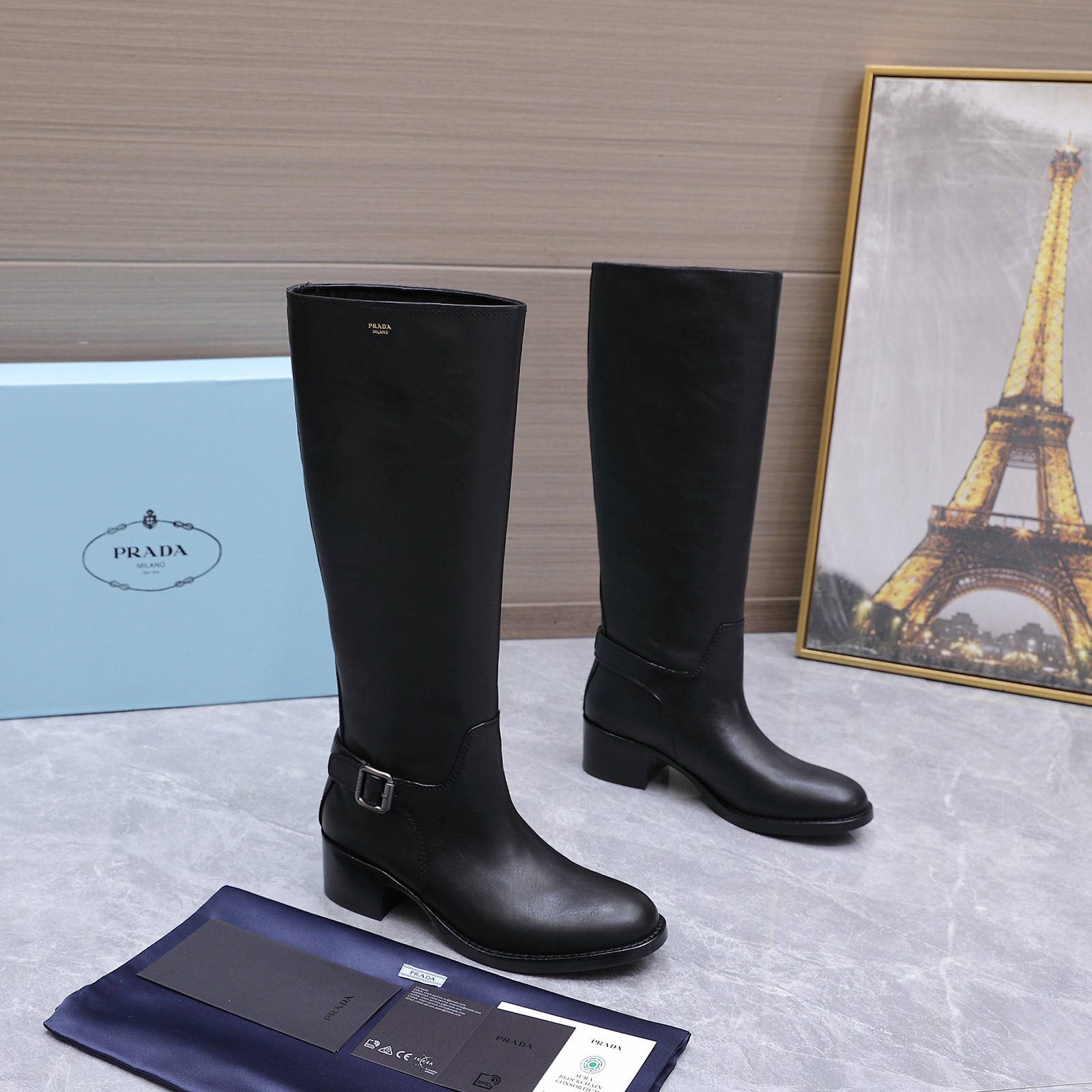Prada Black Buckle Knee High Boots
