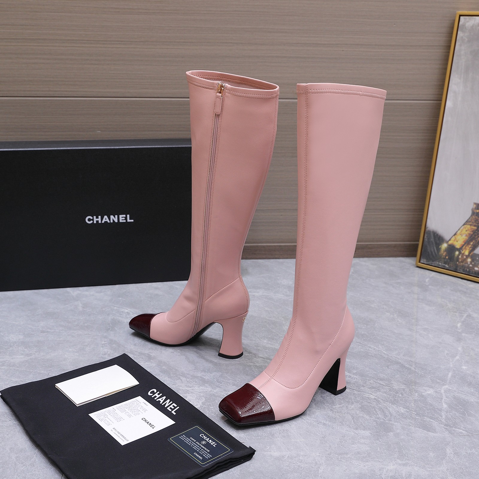 Chanel Pink Cap-Toe Knee-High Boots