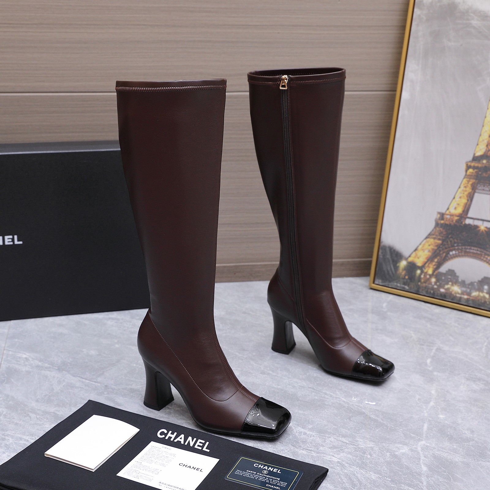 Chanel Brown Cap-Toe Knee-High Boots