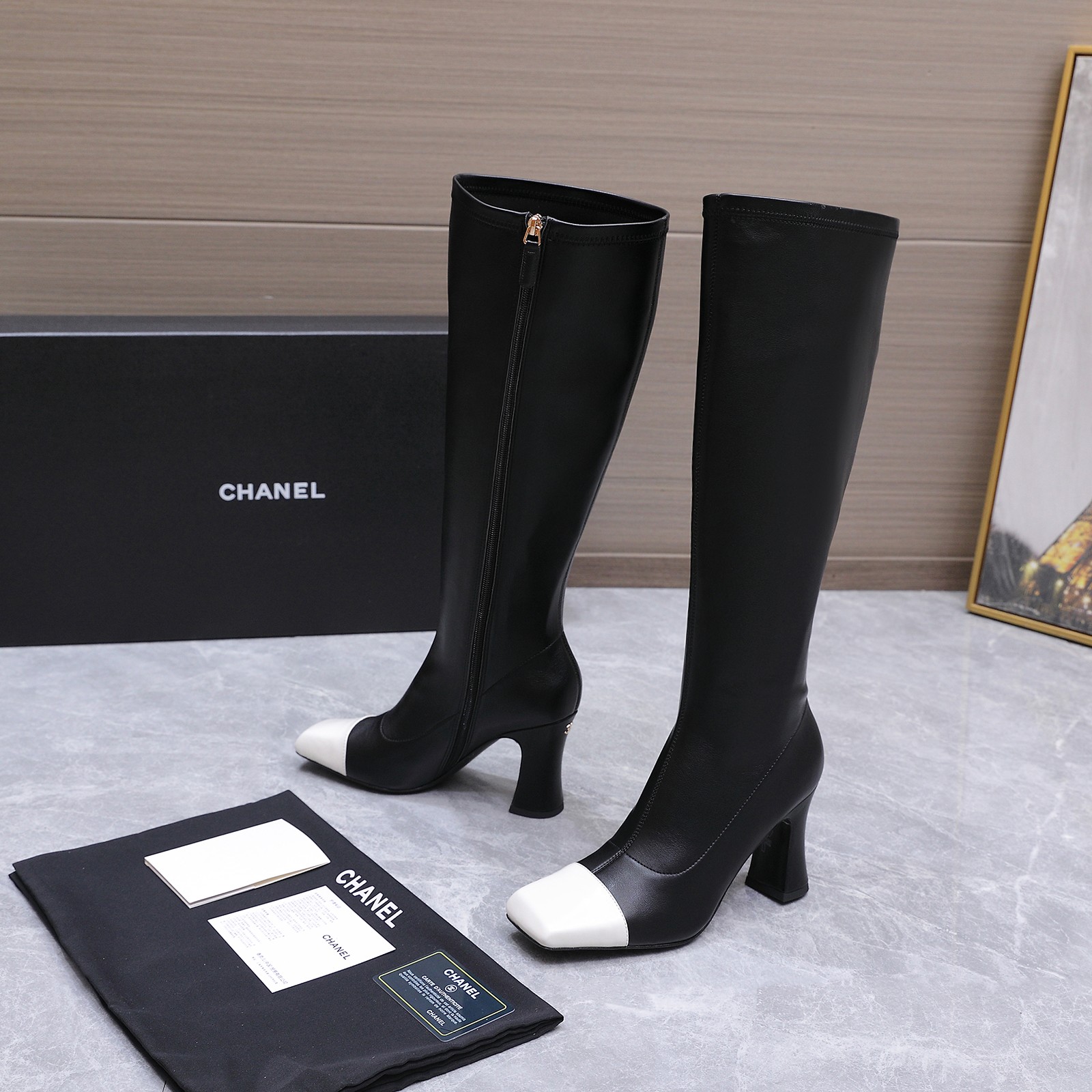 Chanel Black White Cap-Toe Knee-High Boots