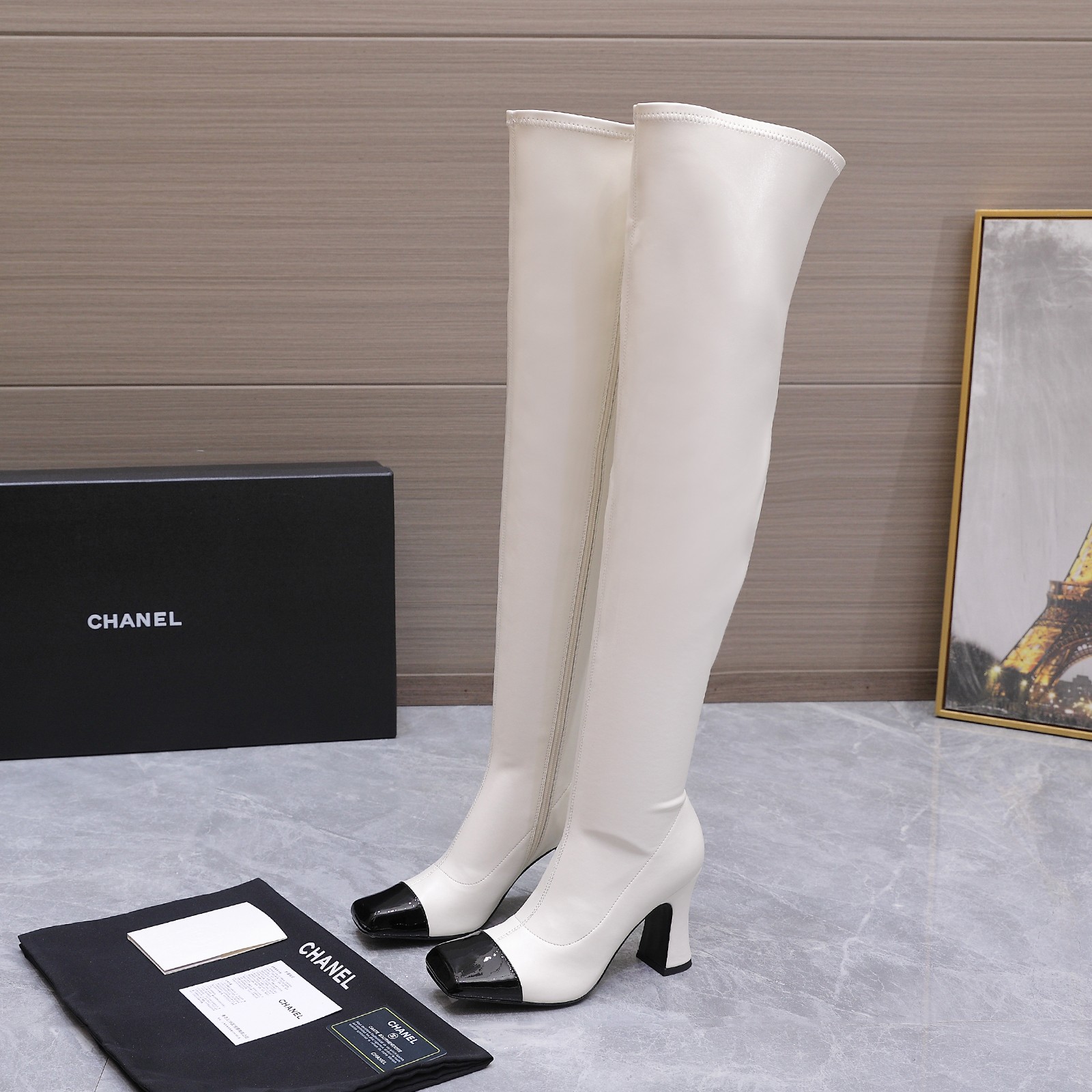 Chanel White Black Cap-Toe Knee-High Boots