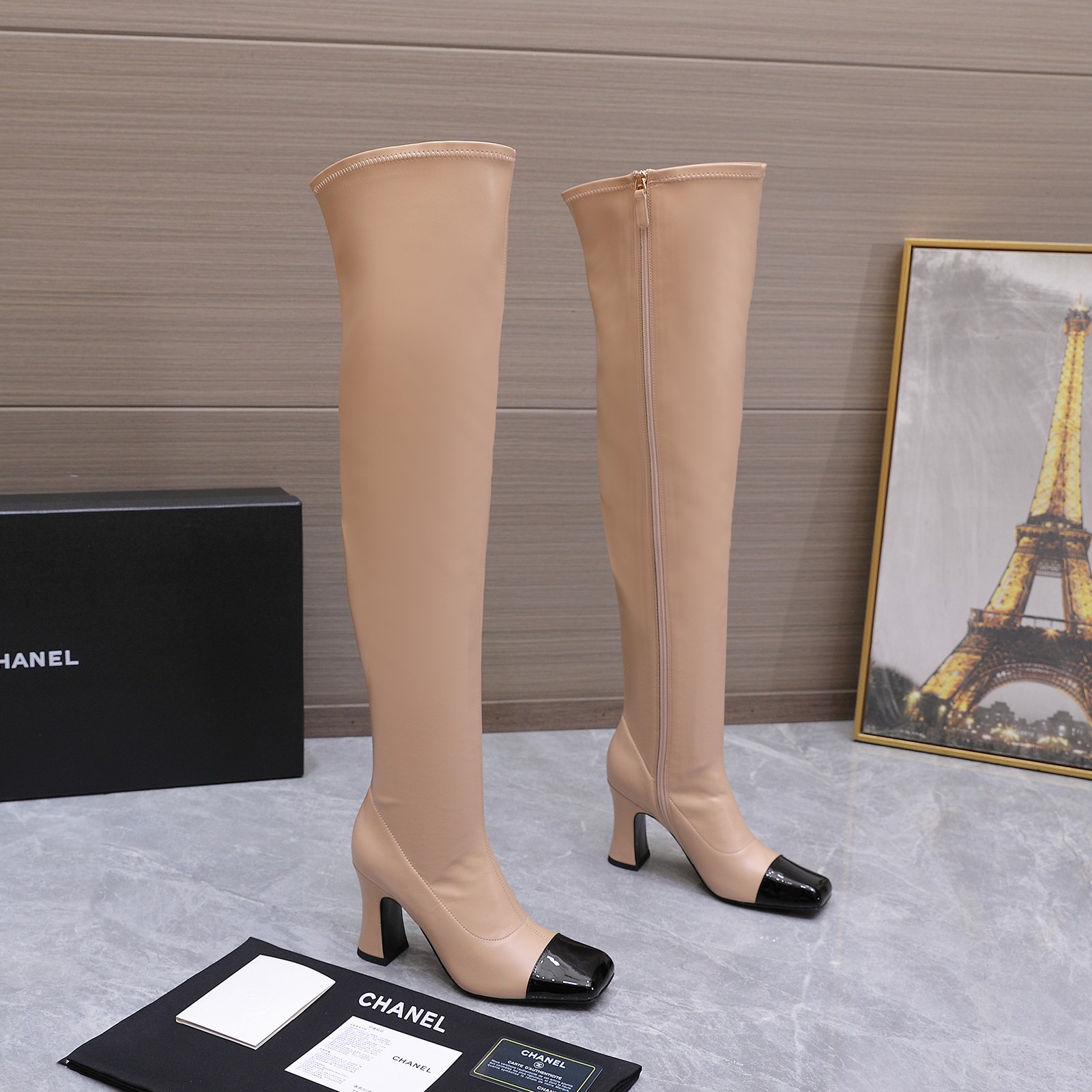 Chanel Beige Cap-Toe Knee-High Boots