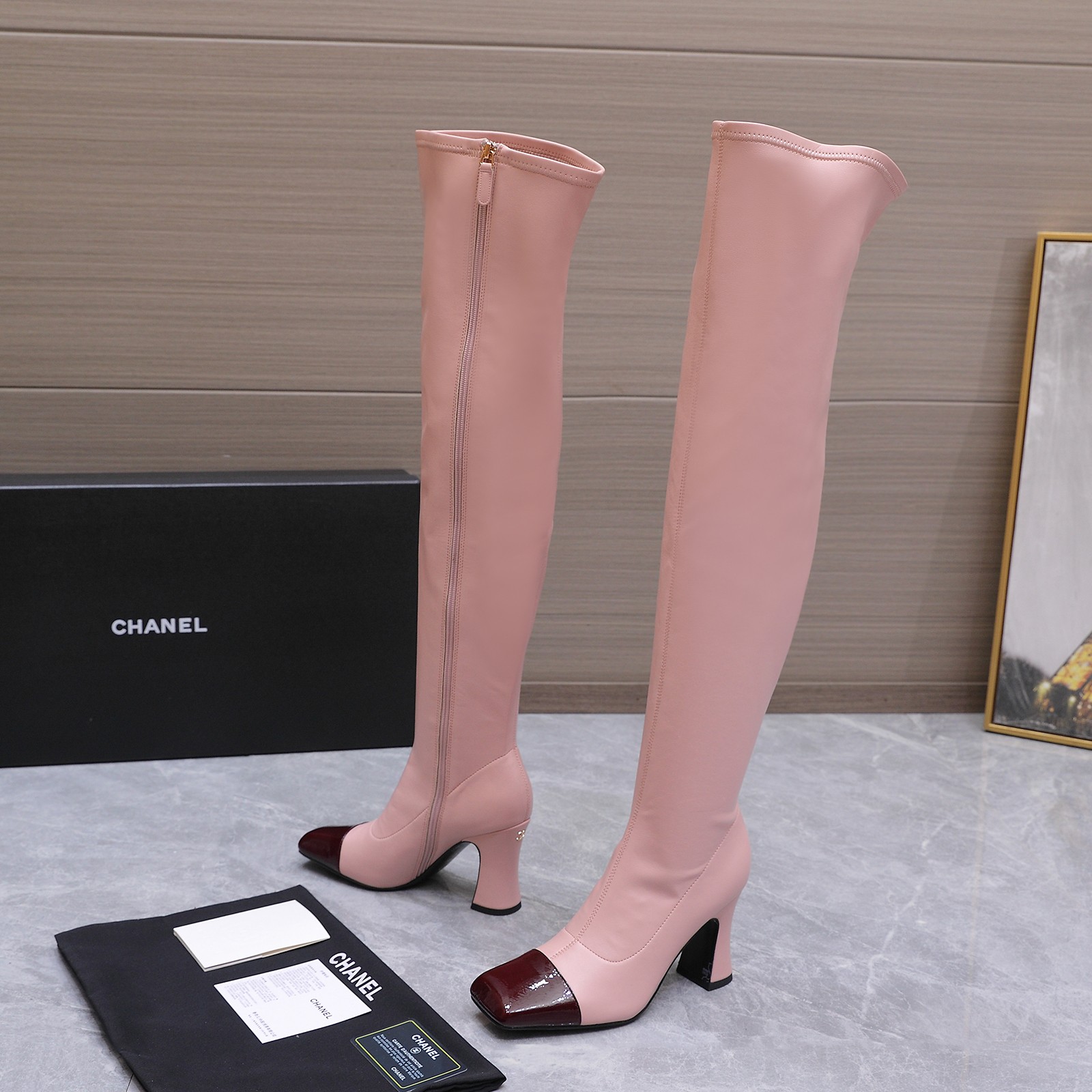 Chanel Pink Cap-Toe Knee-High Boots