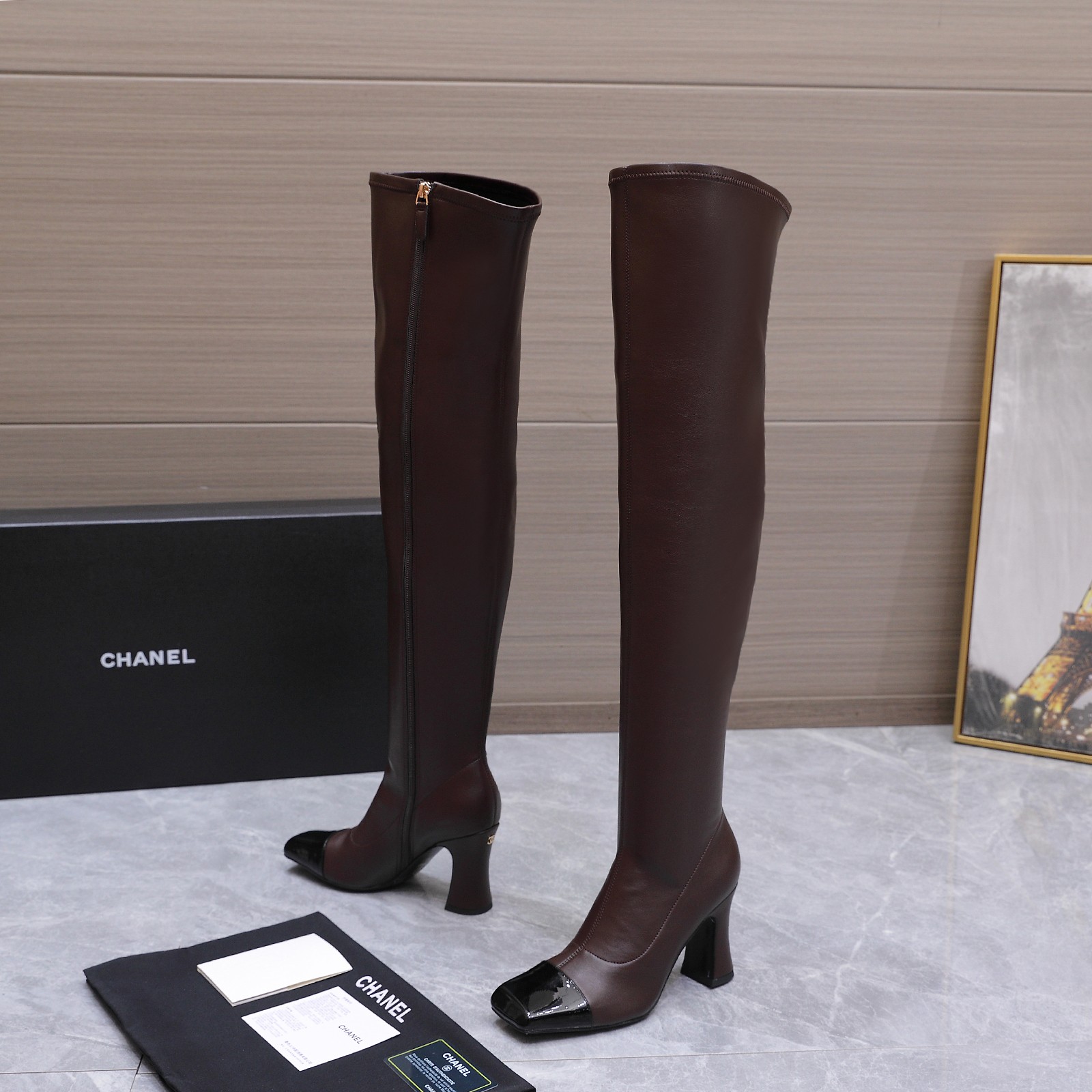 Chanel Brown Cap-Toe Knee-High Boots