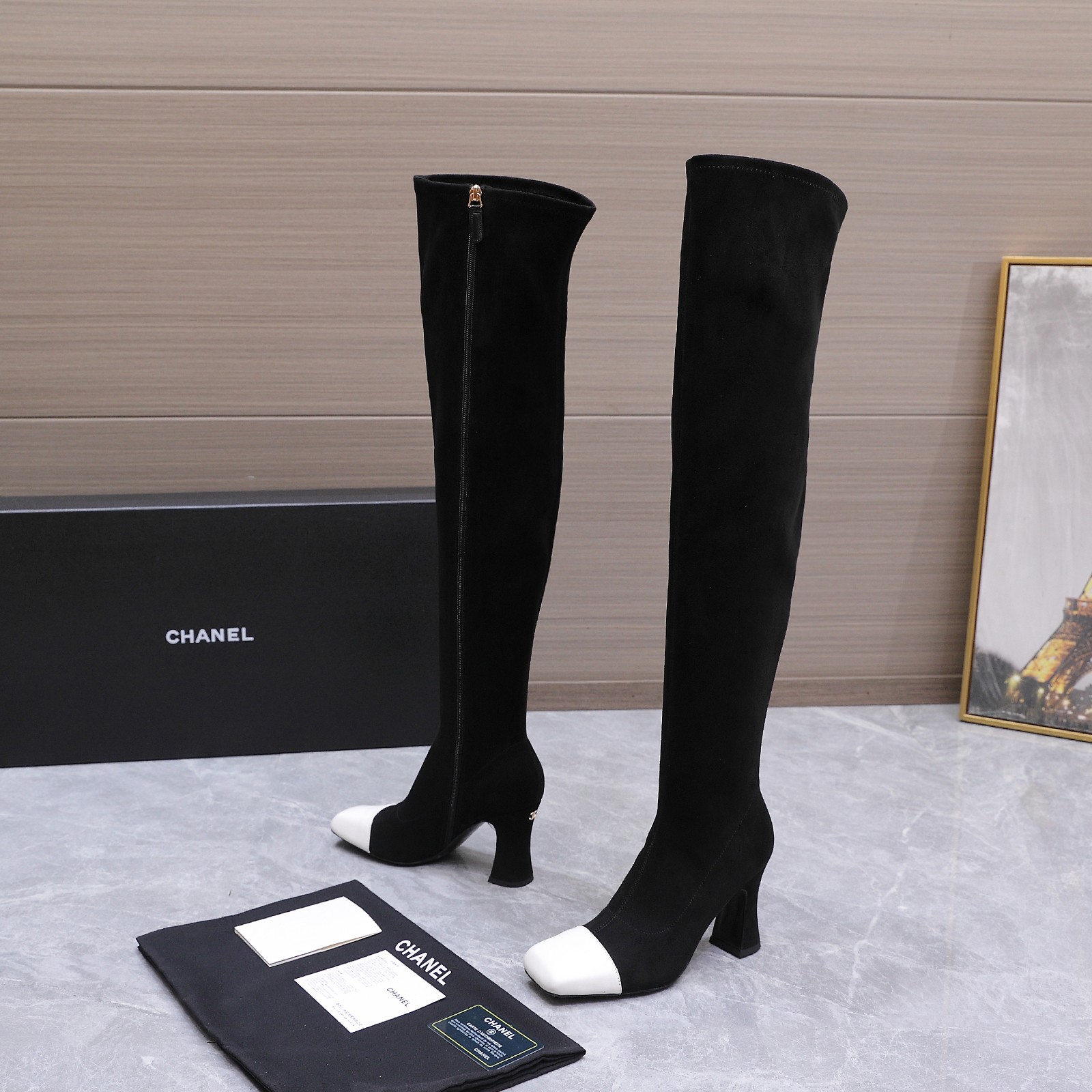 Chanel Black White Cap-Toe Knee-High Boots