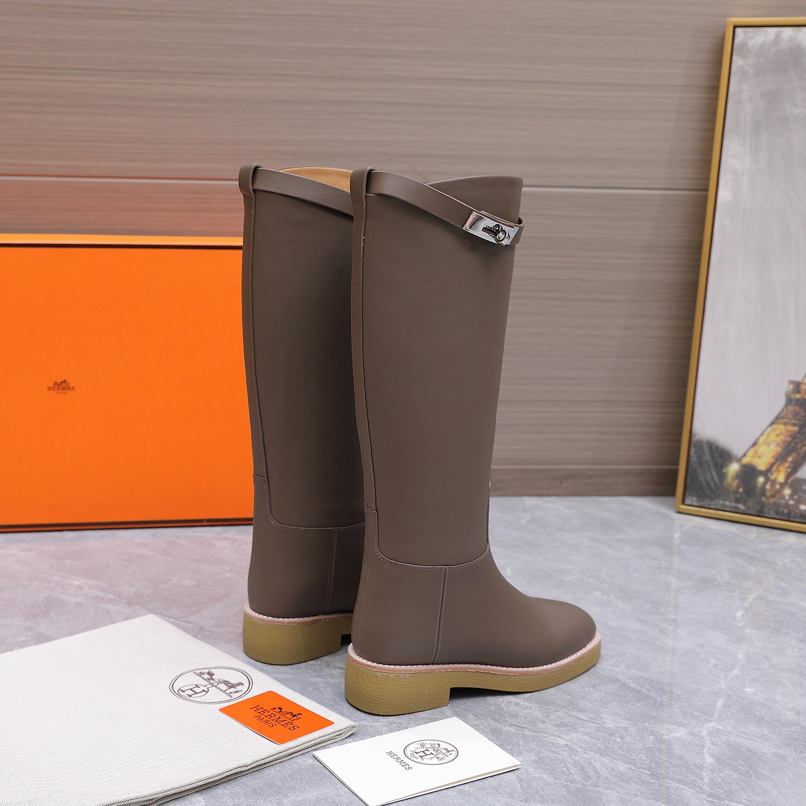 Hermes Taupe Buckle Knee High Boots