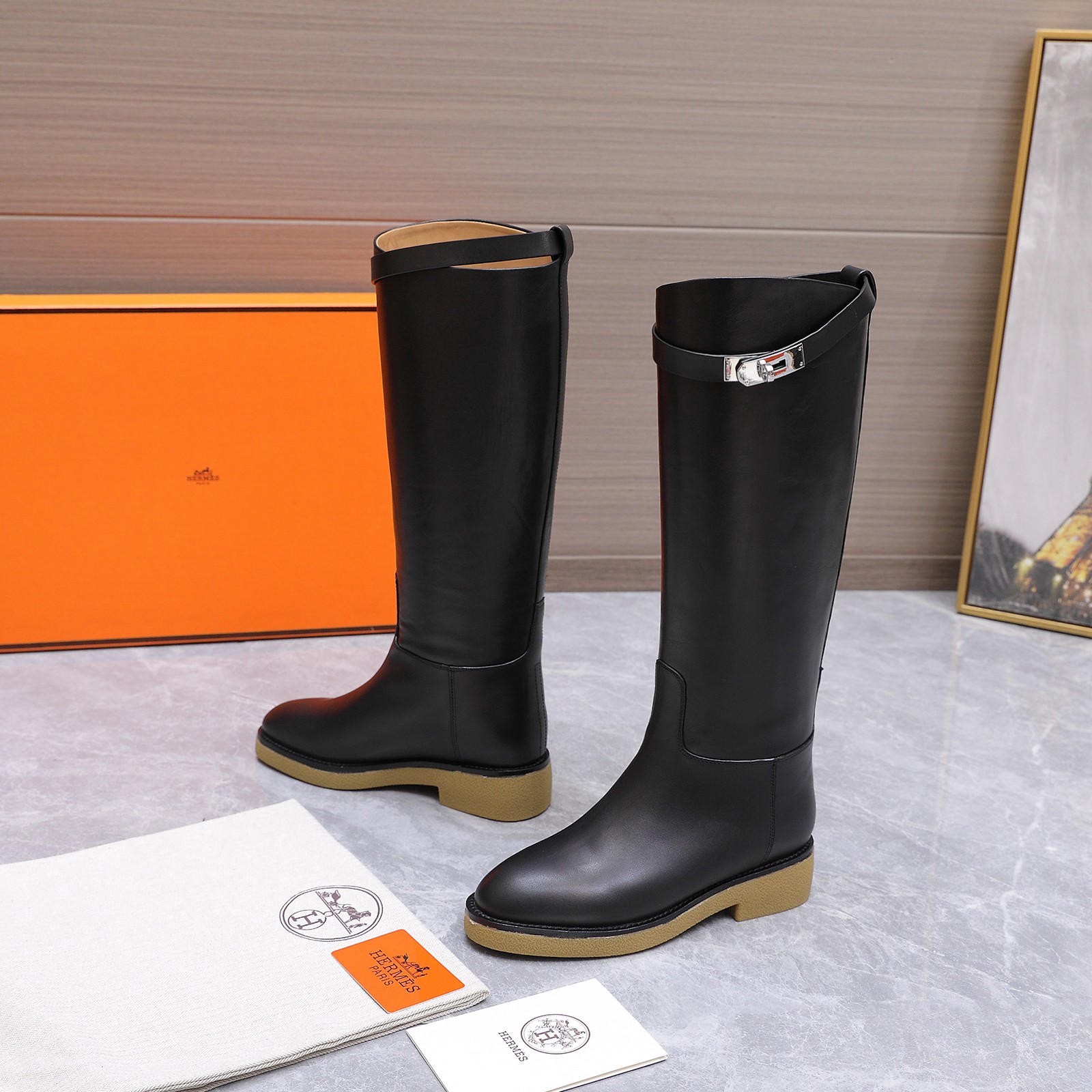 Hermes Black Buckle Knee High Boots