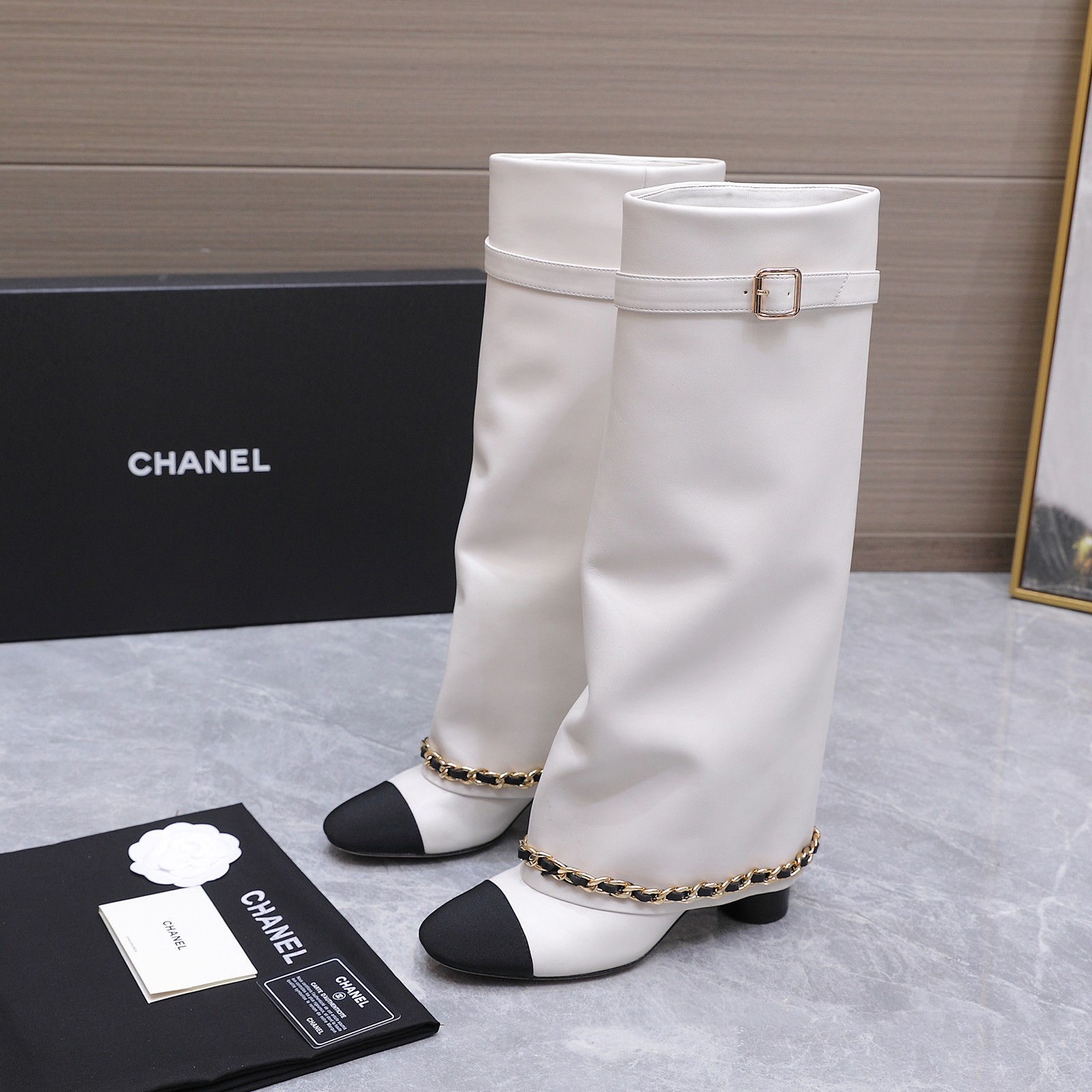 Chanel White Chain Trim Cap-Toe Tall Boots