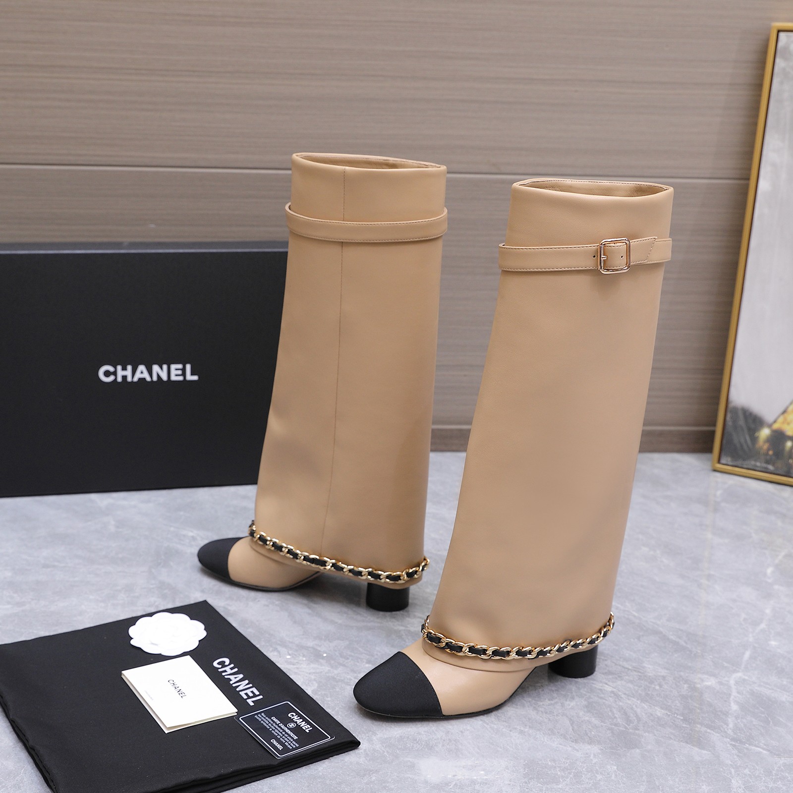 Chanel Beige Chain Trim Cap-Toe Tall Boots