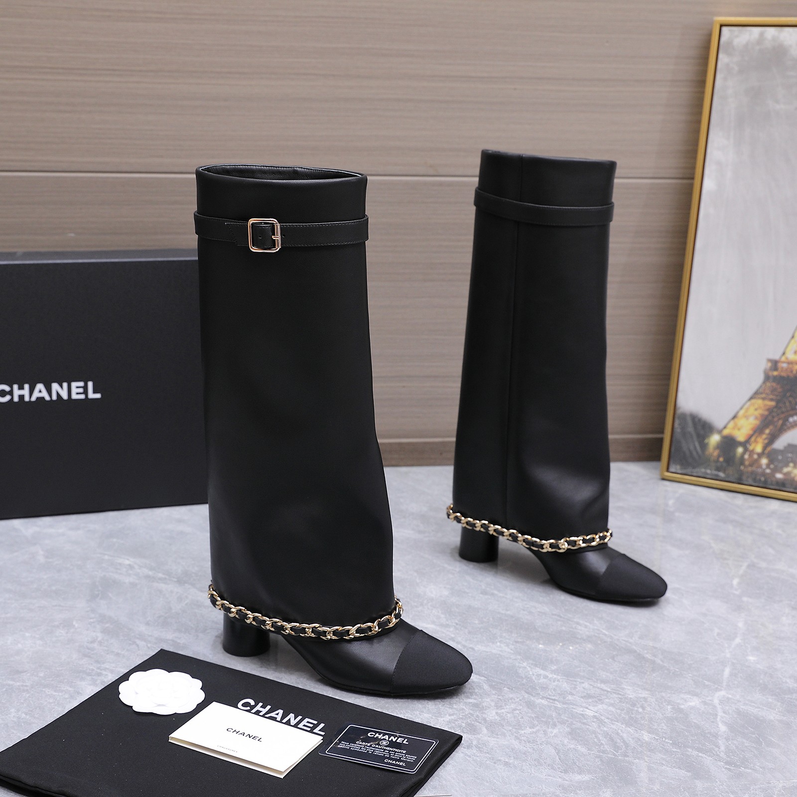 Chanel Black Chain Trim Cap-Toe Tall Boots
